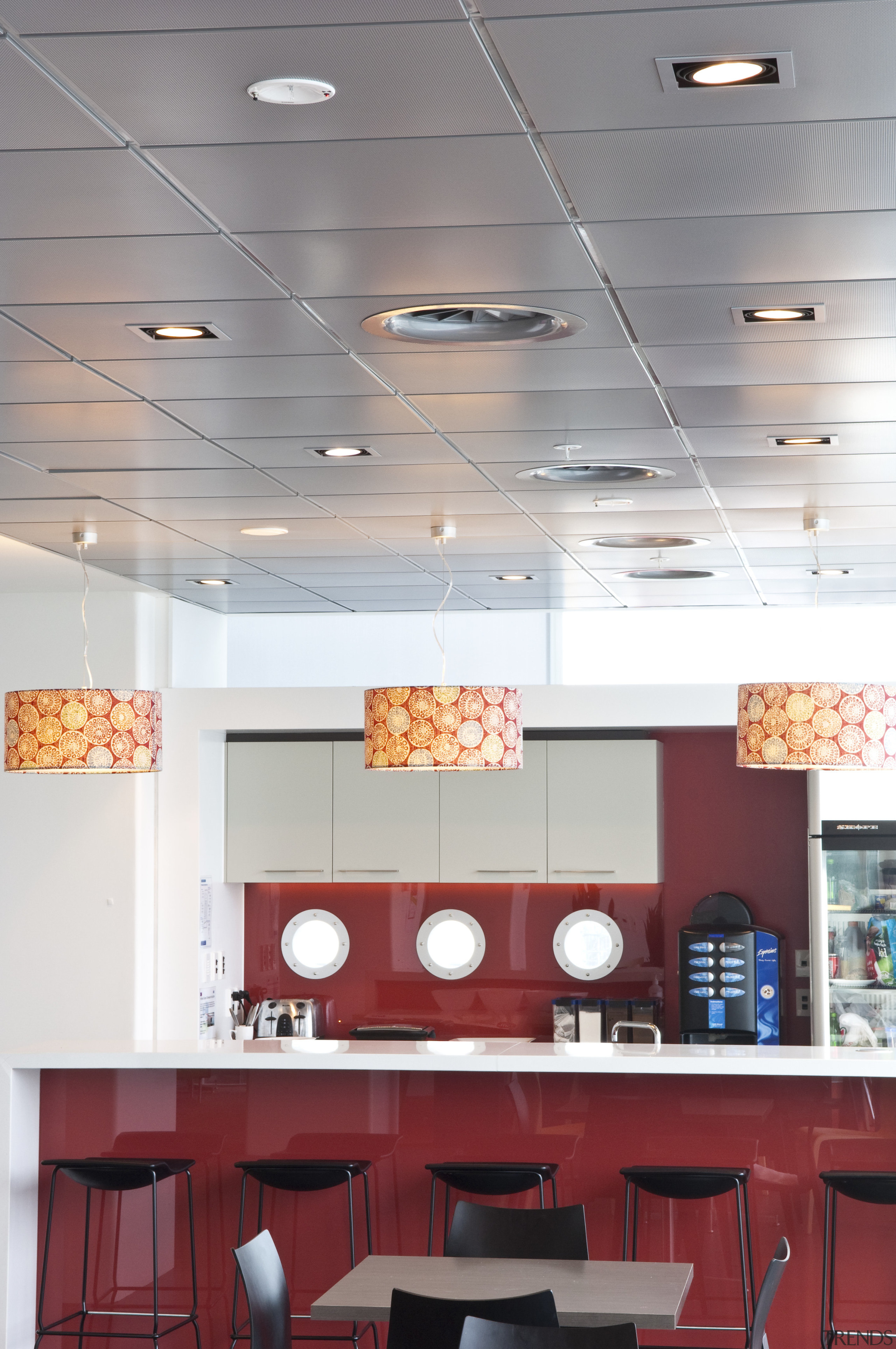 View of Forman Building Systems acoustic ceiling tiles. ceiling, daylighting, interior design, light, light fixture, lighting, product design, wall, white, gray