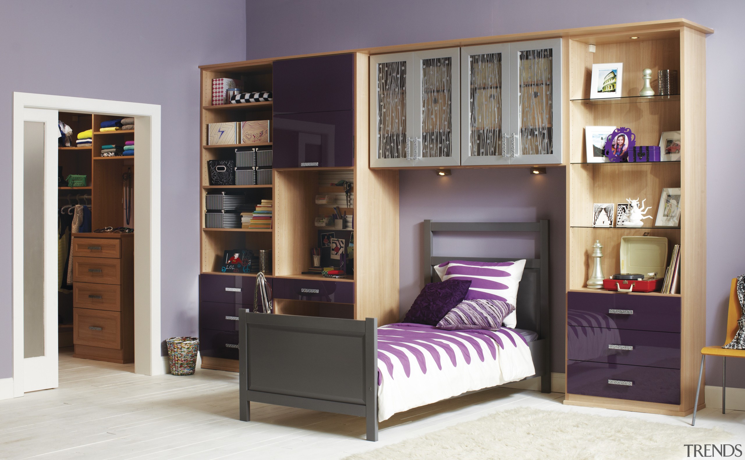 Seen here is a storage system/closet designed and bed, bed frame, bookcase, furniture, product, room, shelf, shelving, wardrobe, gray, white