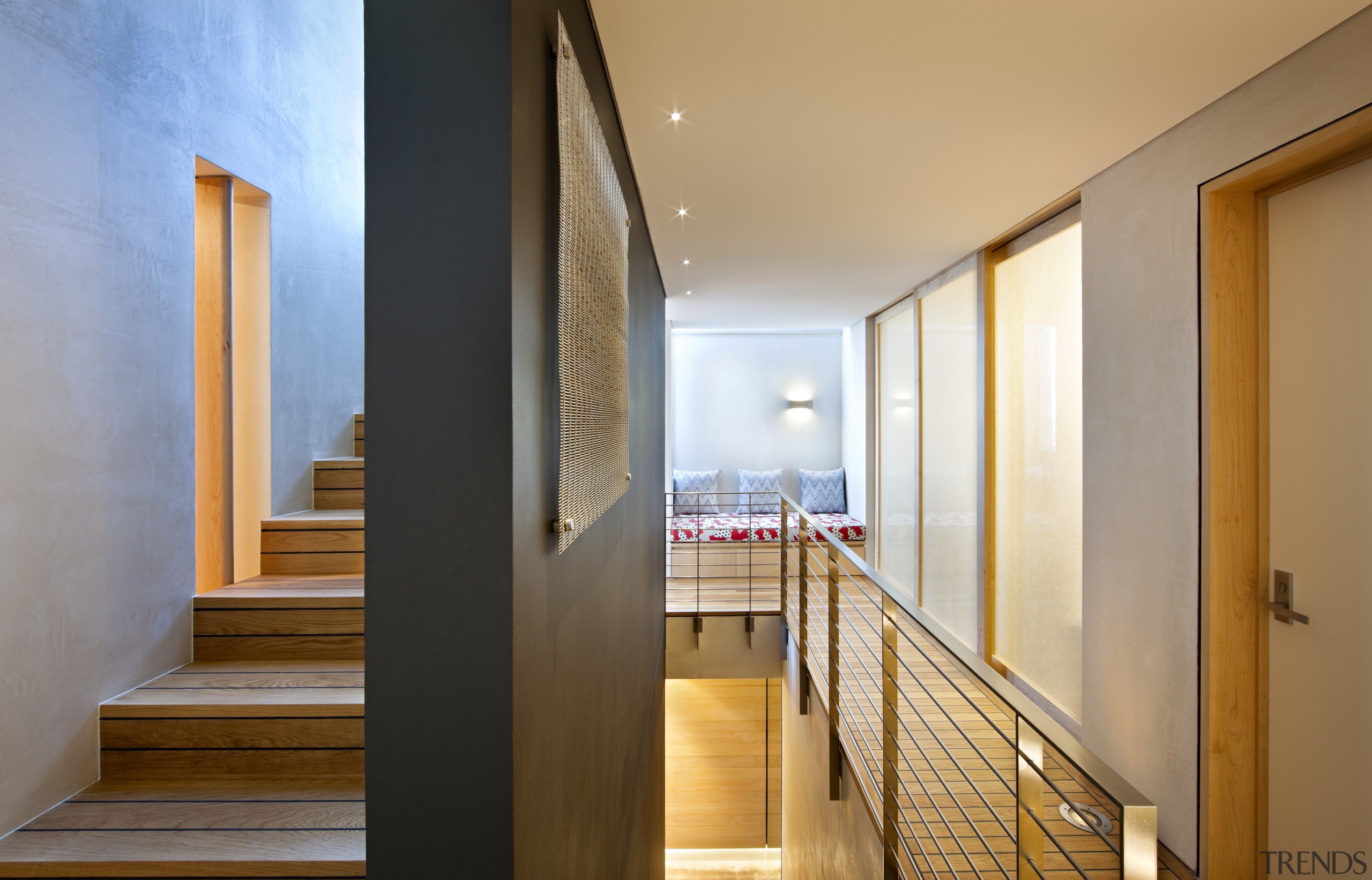 View of a stairway which features clay-based plastered apartment, architecture, ceiling, daylighting, estate, floor, handrail, home, house, interior design, real estate, stairs, window, wood, orange, brown