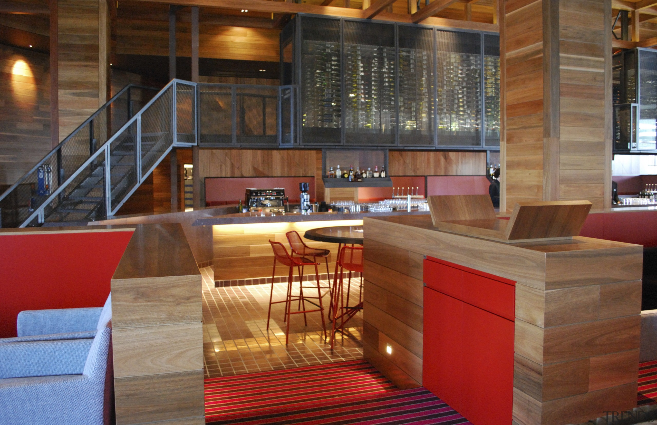 View the Hilton Melbourne's bar area where Gosa interior design, lobby, wood, brown