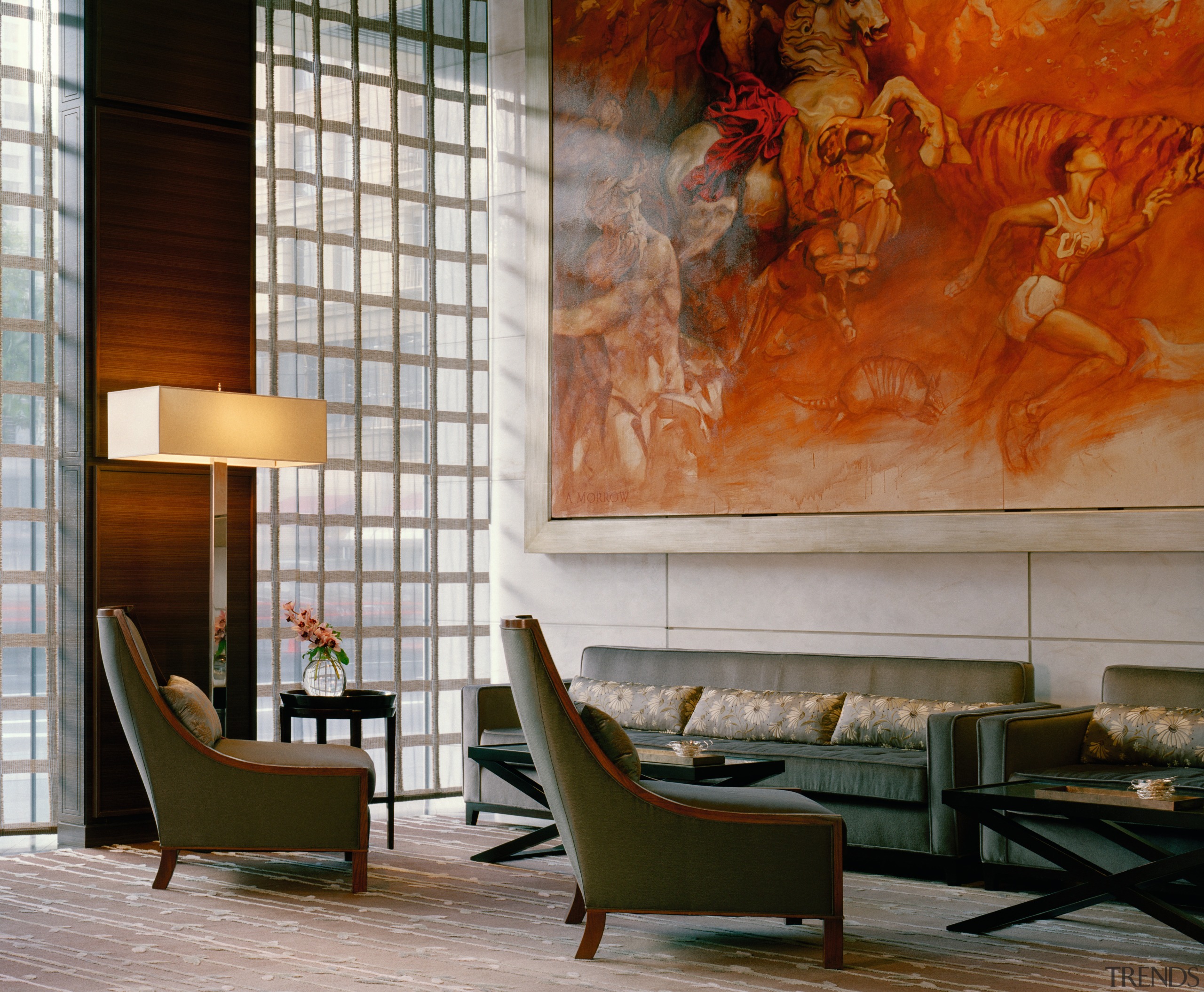 view of the st regis lobby featuring custom ceiling, home, interior design, living room, lobby, room, wall, brown, gray