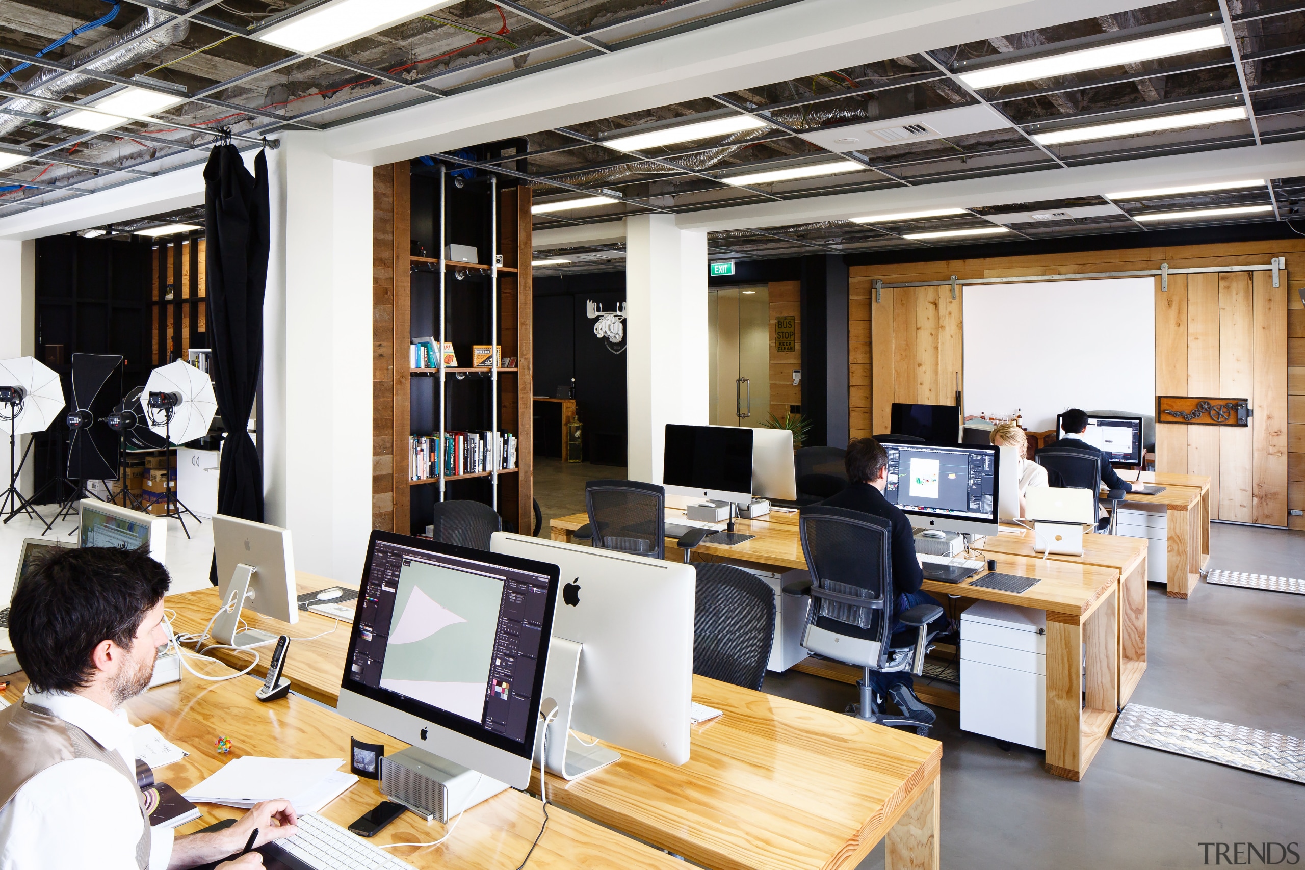 One end of the recycled timber wall at office, technology, white, black