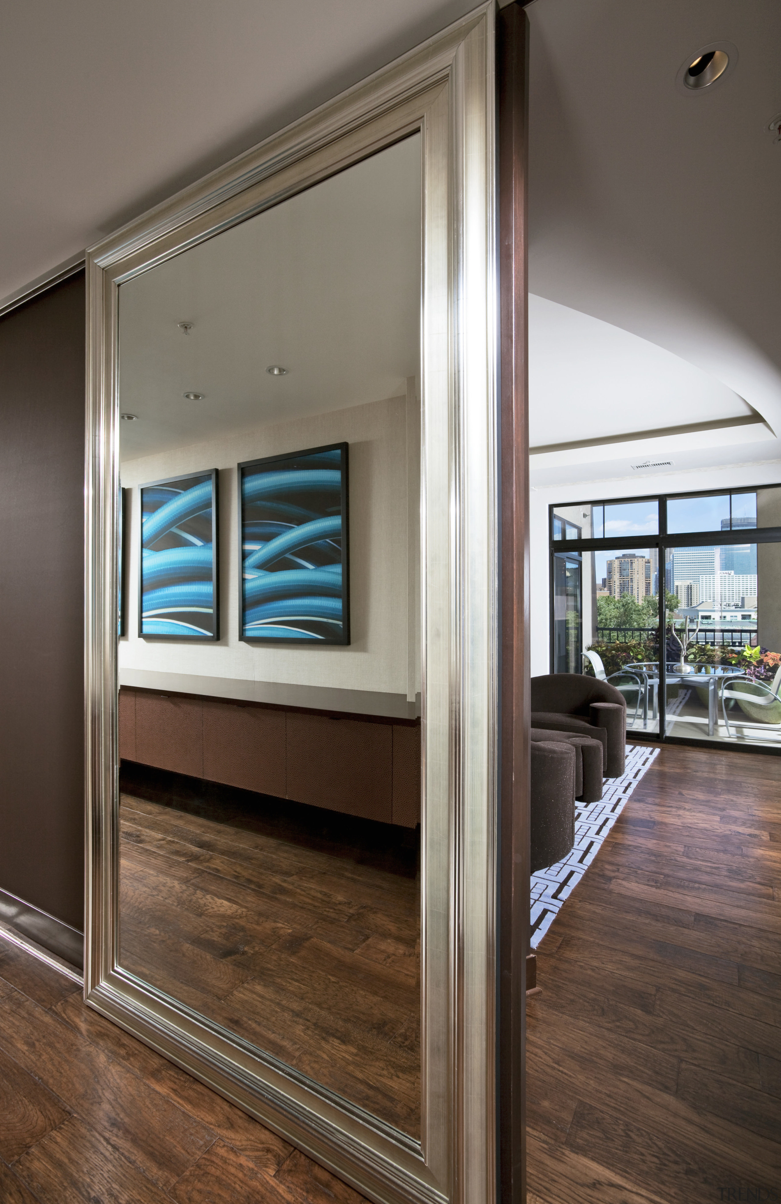 View of the entry to the master suite door, floor, interior design, window, brown, gray