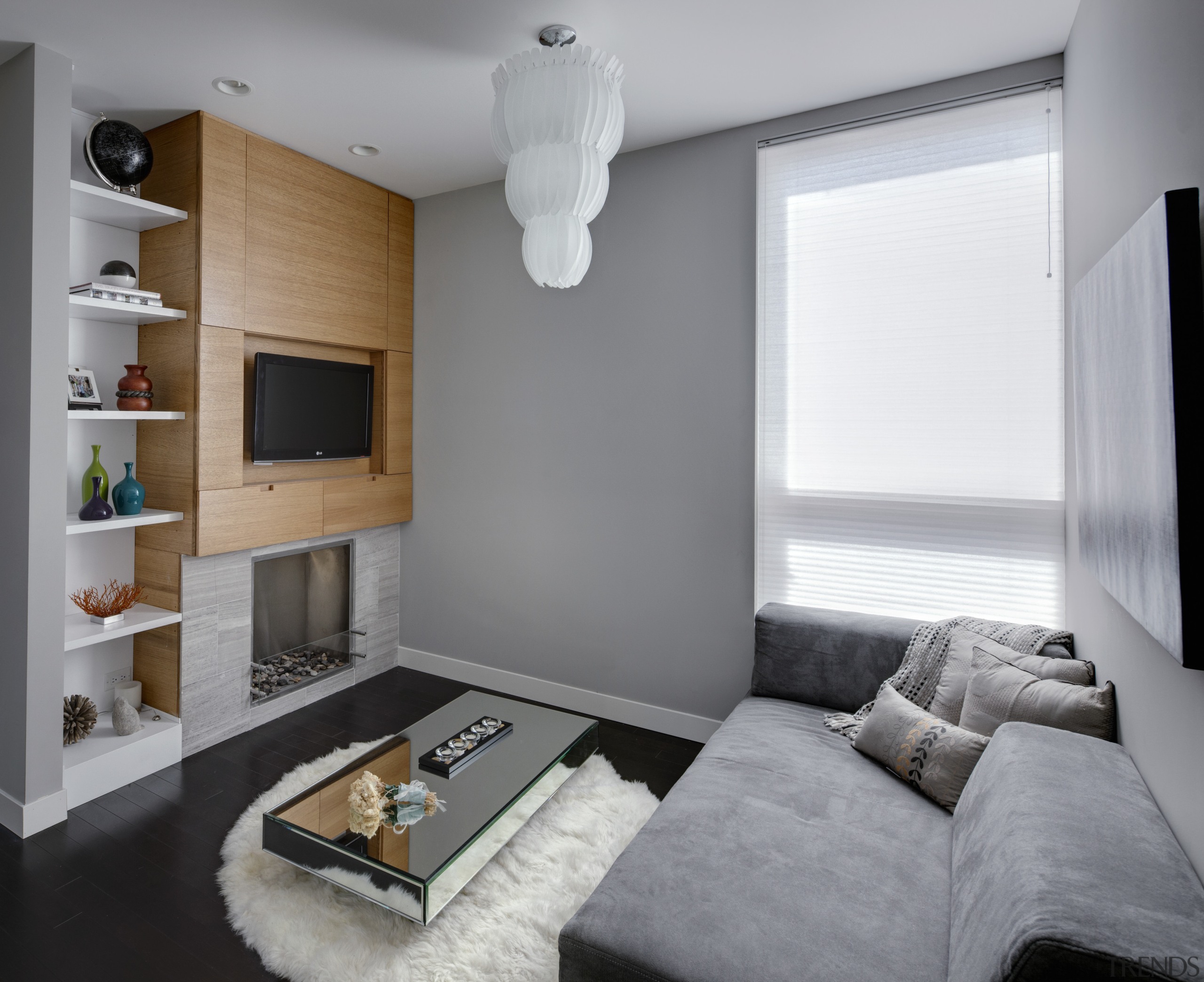 View of lounge area with grey couch and ceiling, floor, home, interior design, living room, room, gray