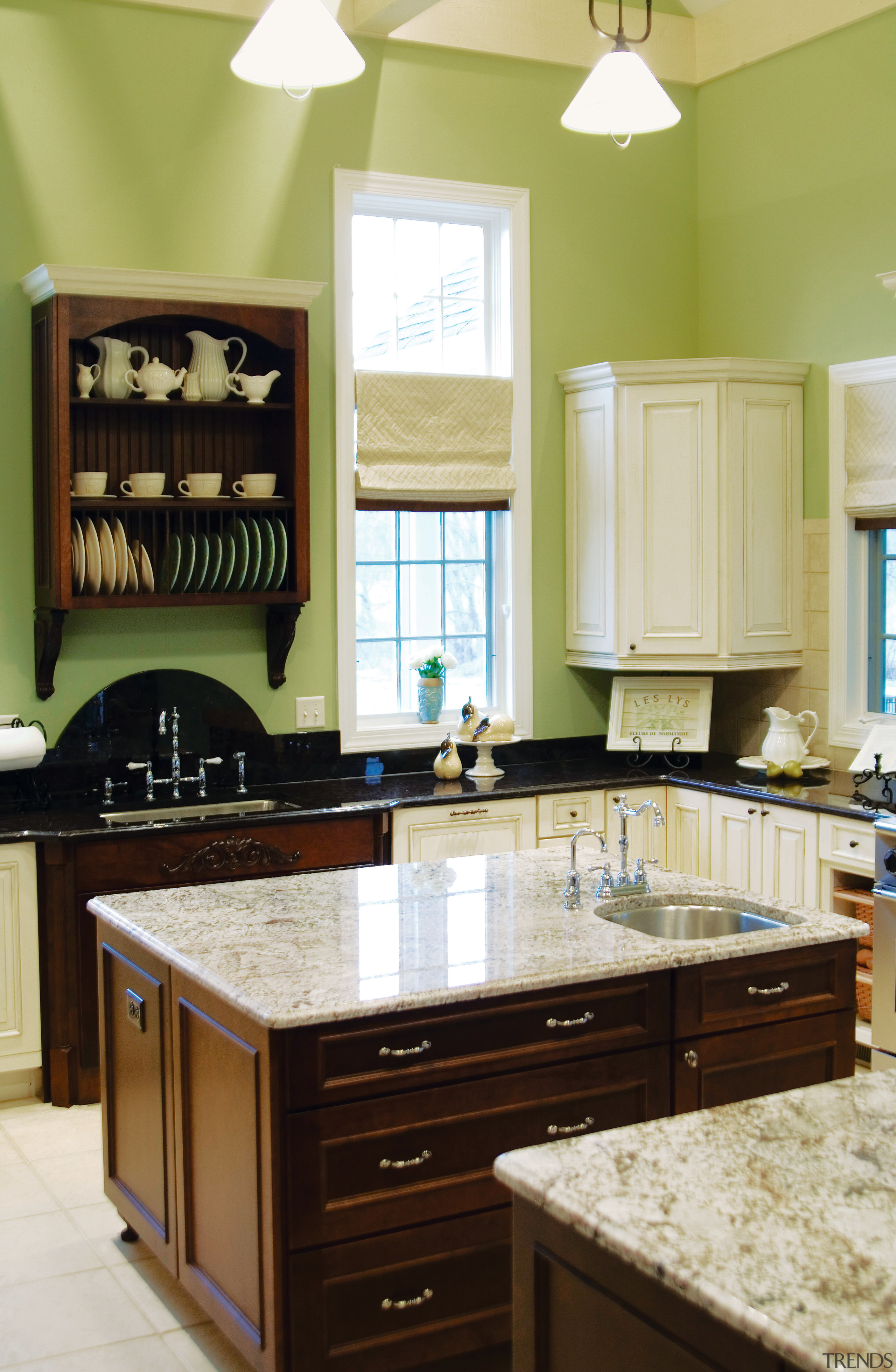 A view of this kitchen featuring tiled flooring, cabinetry, countertop, cuisine classique, furniture, hardwood, home, interior design, kitchen, room, yellow, white