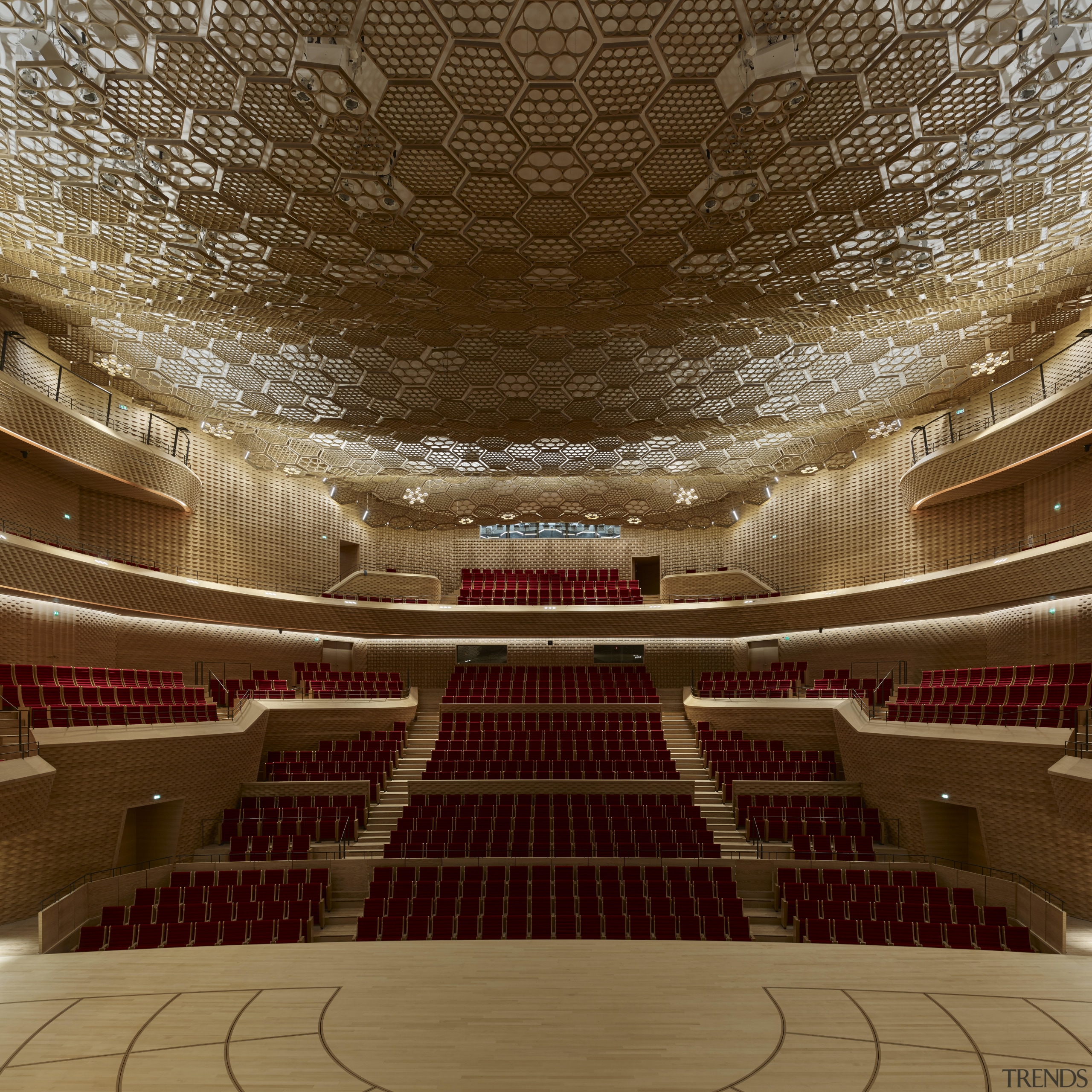 The Auditorium, part of Le Seine Musical, designed architecture, auditorium, ceiling, concert hall, interior design, opera house, performing arts center, theatre, brown, red