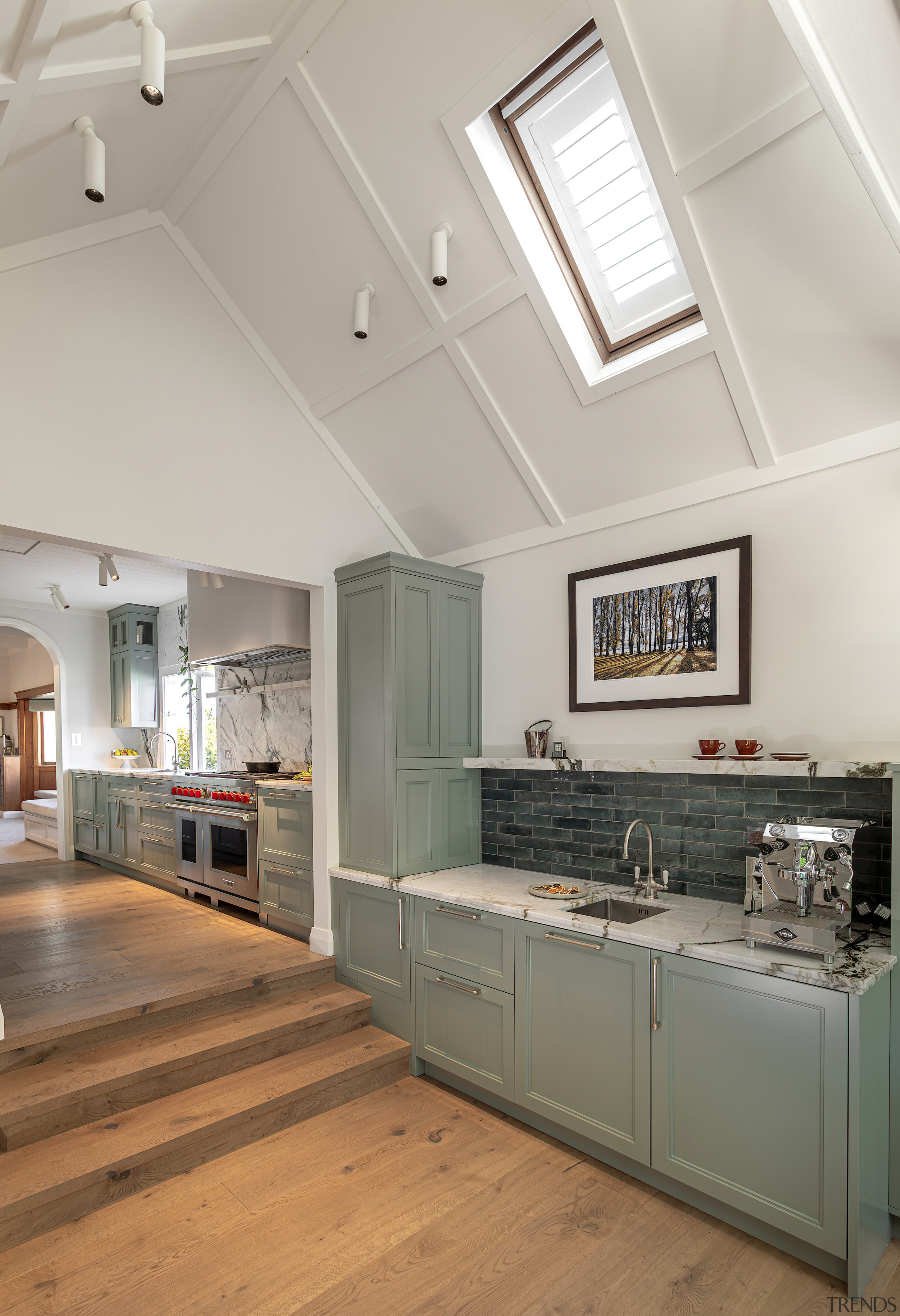 A window in the gabled ceiling brings natural 