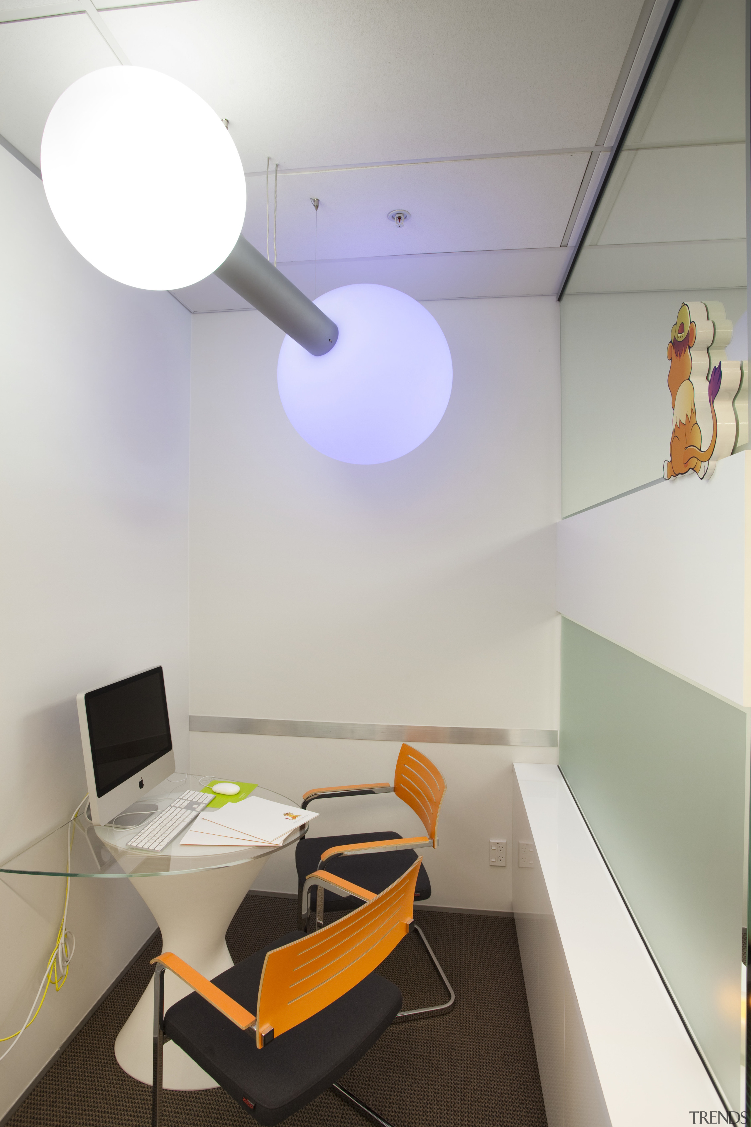 View of computer room with circular light feature. architecture, ceiling, daylighting, desk, furniture, interior design, light fixture, lighting, office, product design, table, white