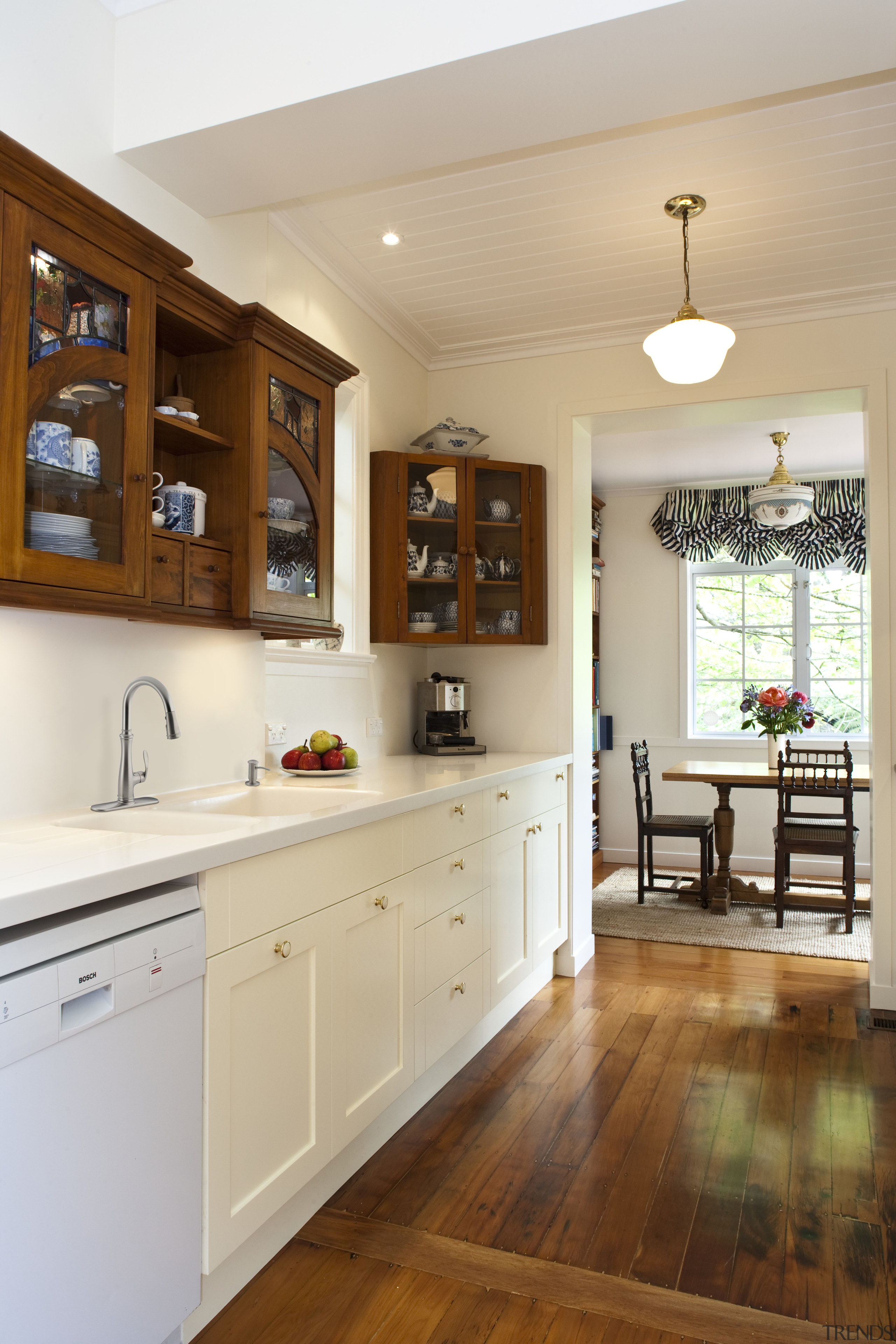 View of kitchen featuring existing timber floors, lacquered cabinetry, ceiling, countertop, cuisine classique, floor, flooring, hardwood, home, interior design, kitchen, living room, real estate, room, wood, wood flooring, gray, brown