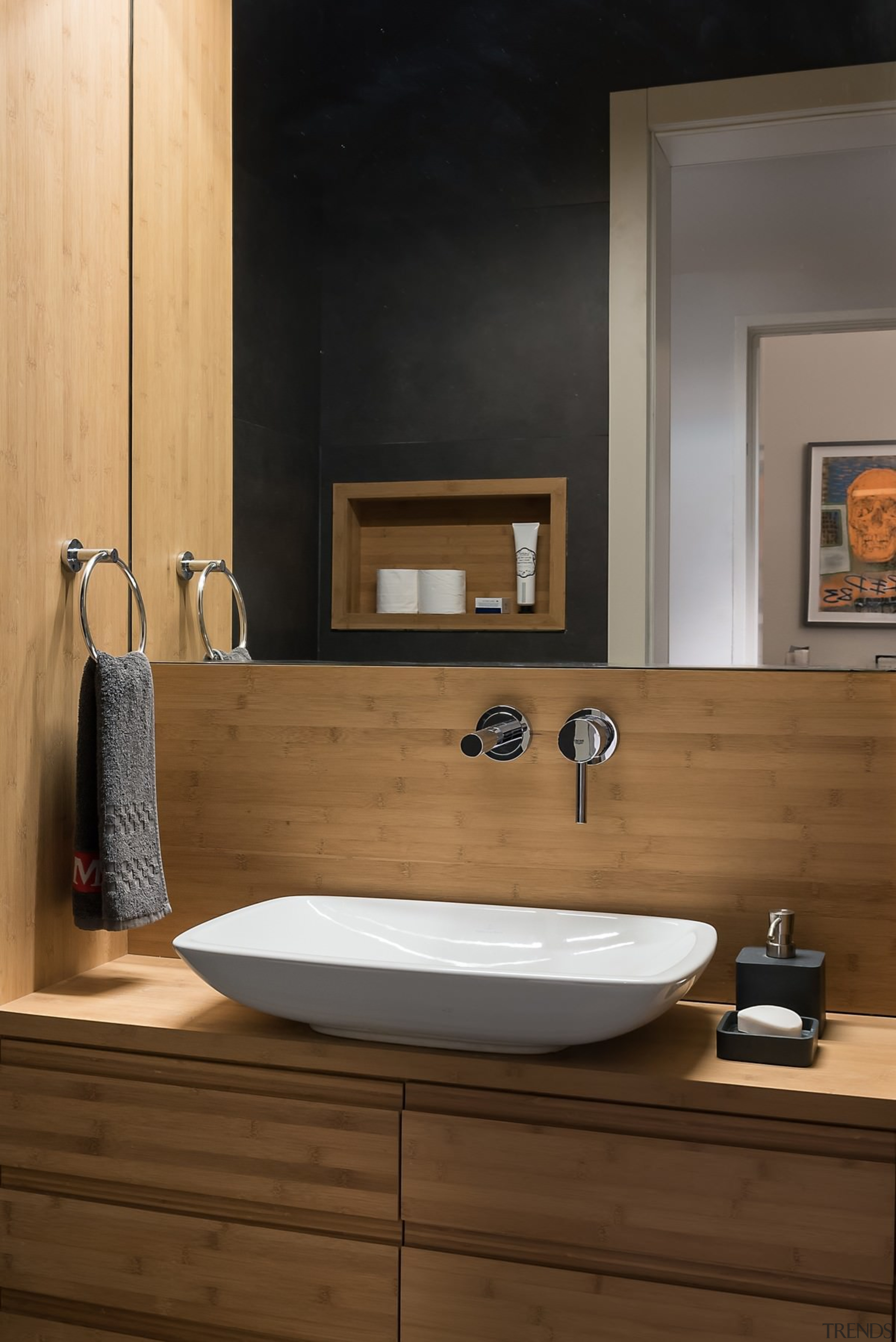 The wood helps to show off the vanity bathroom, bathroom accessory, bathroom cabinet, floor, interior design, plumbing fixture, product design, room, sink, tap, brown