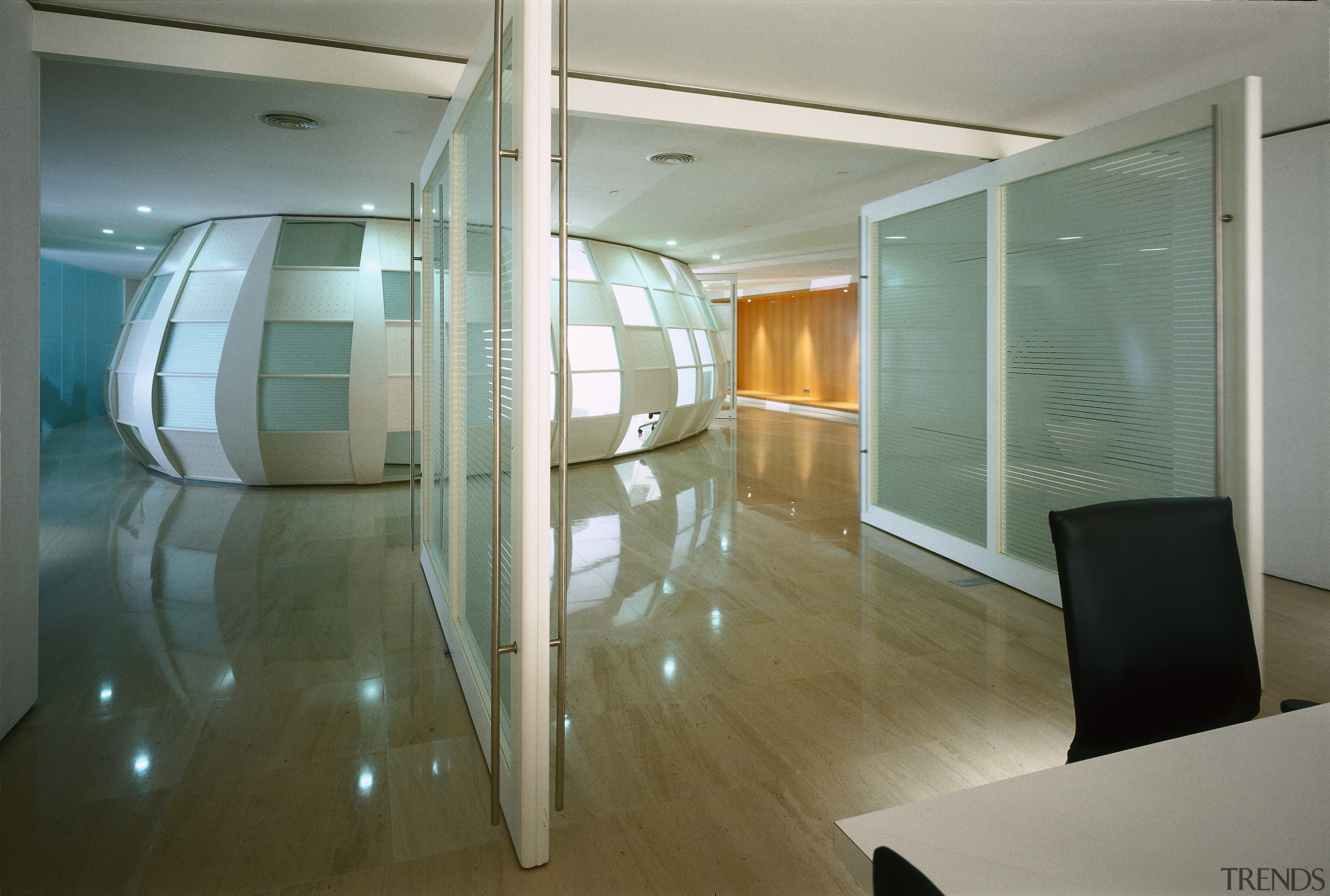 View of the entrance to the office, glimpse architecture, floor, glass, interior design, real estate, window, gray