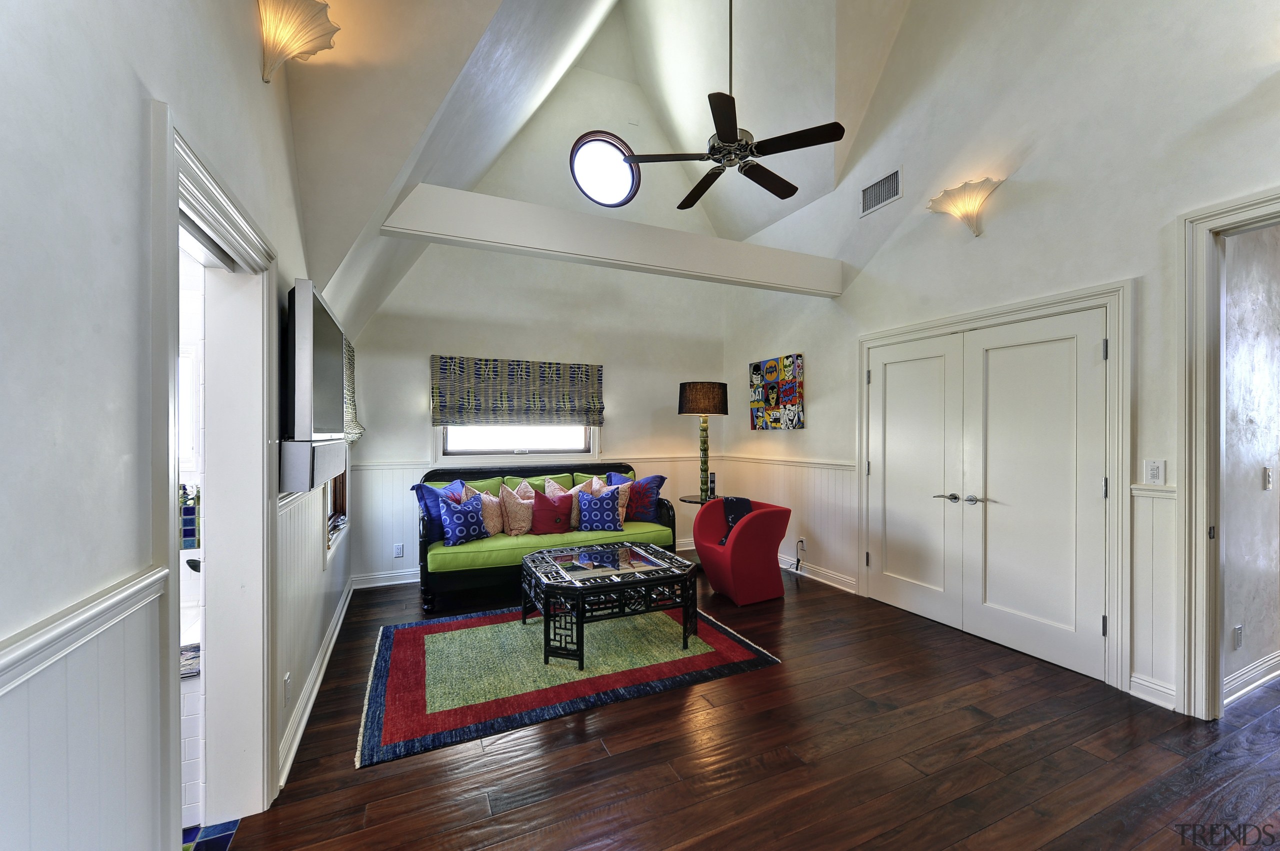 This guest suite in a remodeled Malibu beach ceiling, floor, hardwood, home, house, interior design, living room, property, real estate, room, wood flooring, gray