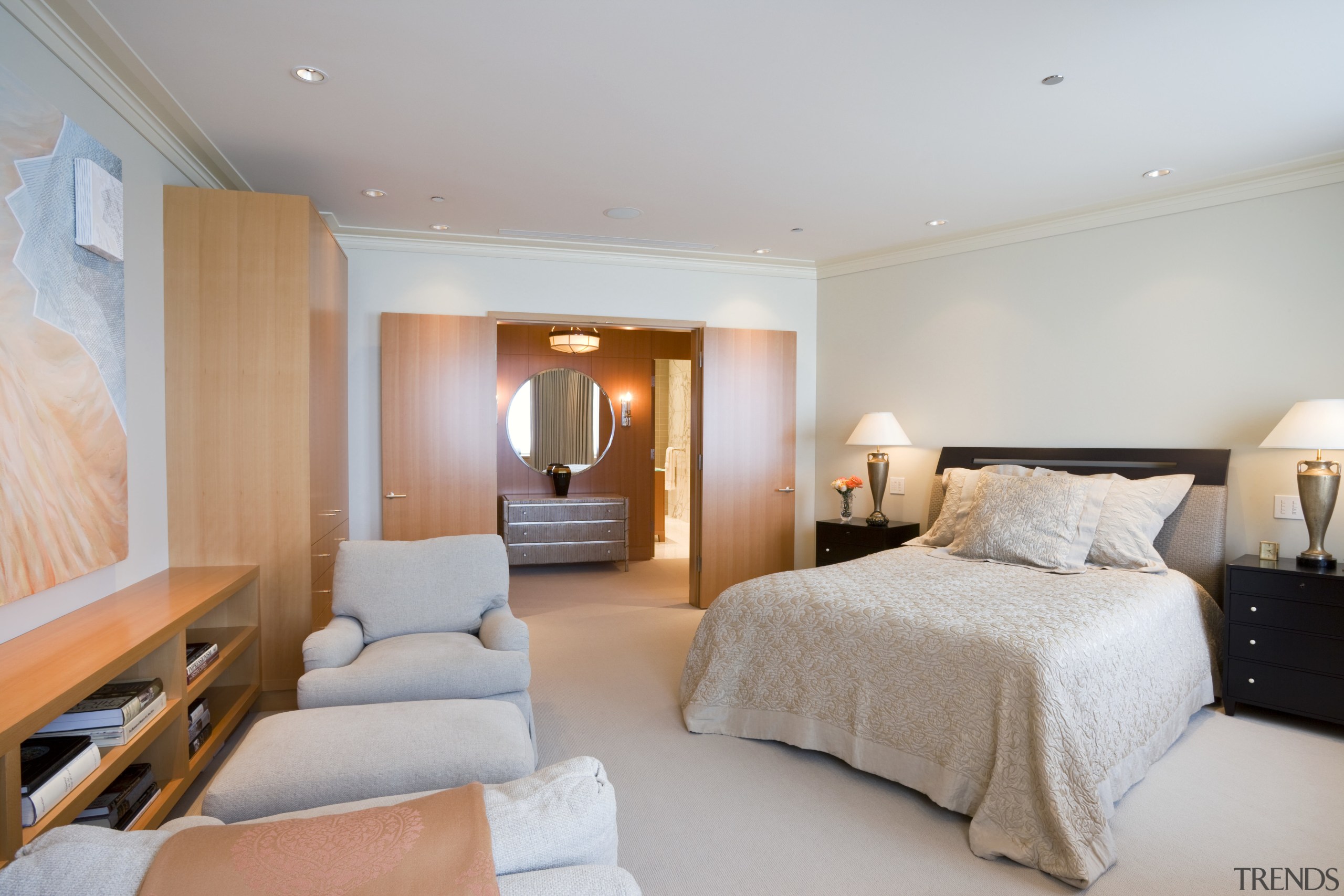 View of bedroom featuring bedroom room furnishings, artwork, bedroom, ceiling, hotel, interior design, real estate, room, suite, gray