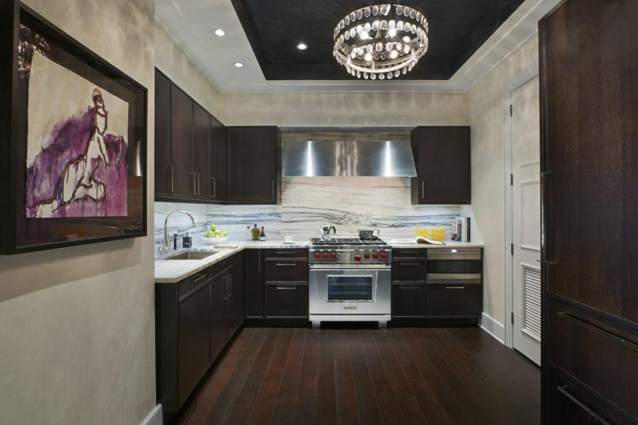 This space is glamour personified. The walls are cabinetry, ceiling, countertop, cuisine classique, floor, flooring, interior design, kitchen, property, real estate, room, black, gray