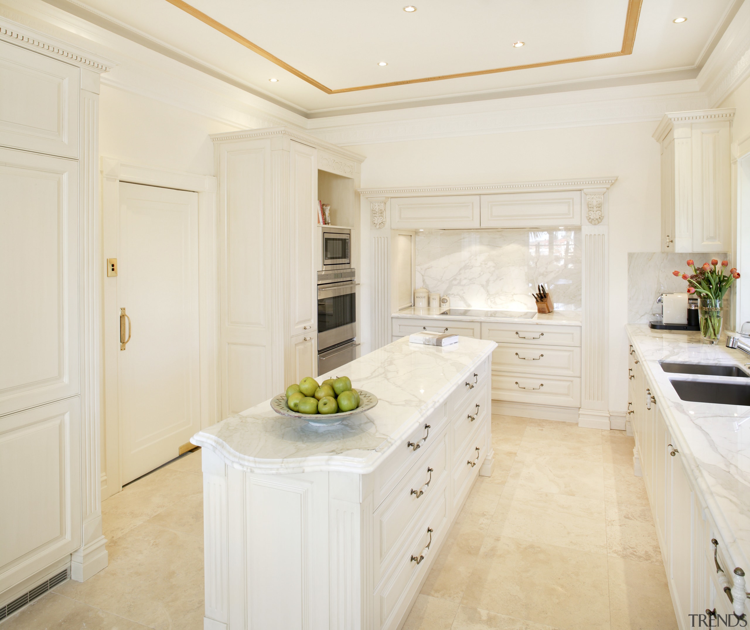 View of kitchen with cream and white colour cabinetry, ceiling, countertop, cuisine classique, floor, home, interior design, kitchen, real estate, room, white