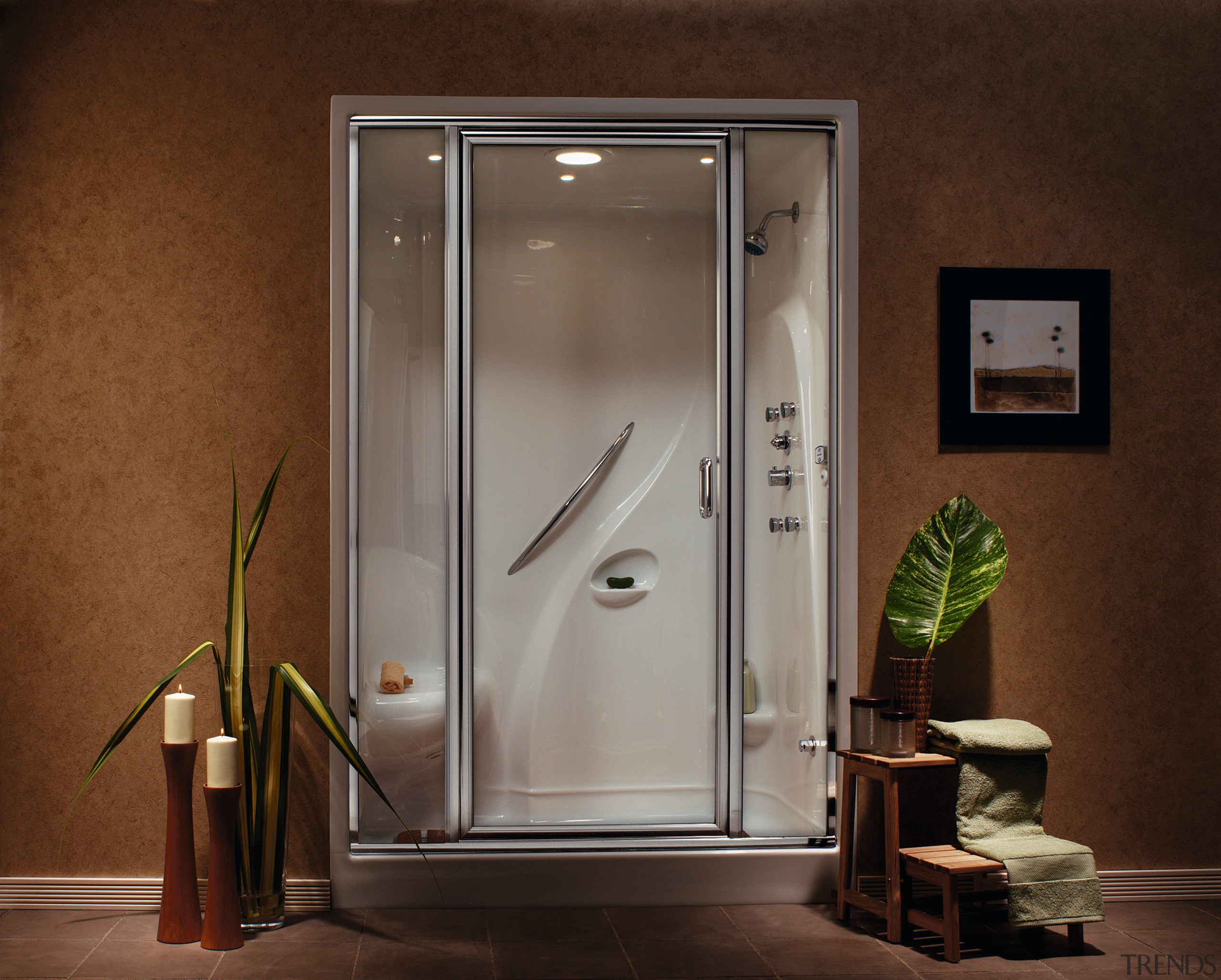 Freestanding glass shower. - Freestanding glass shower. - door, plumbing fixture, shower door, brown