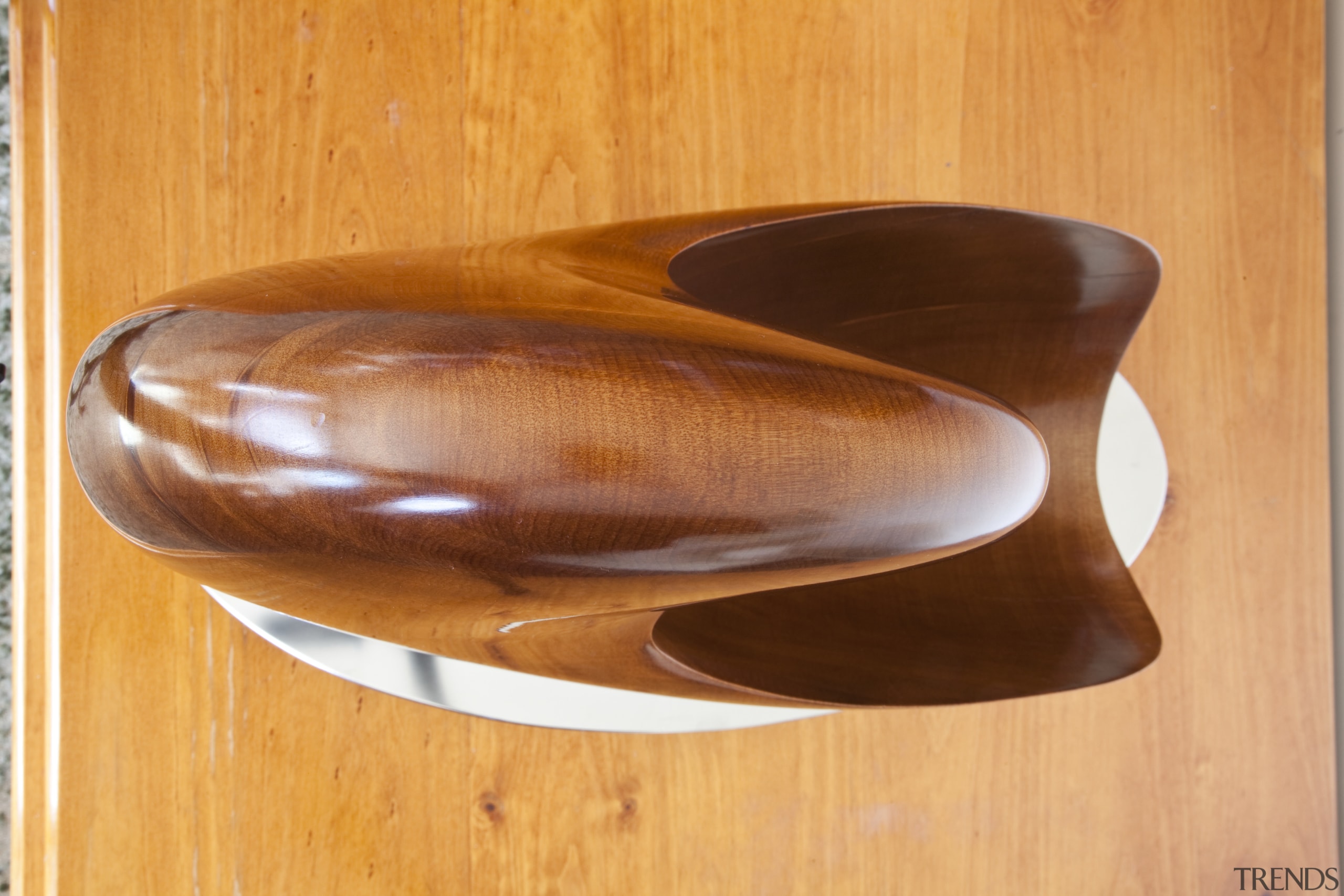 Andrew Deadman's sculpture, he won Trends Sculptor of caramel color, furniture, plywood, product design, table, wood, orange