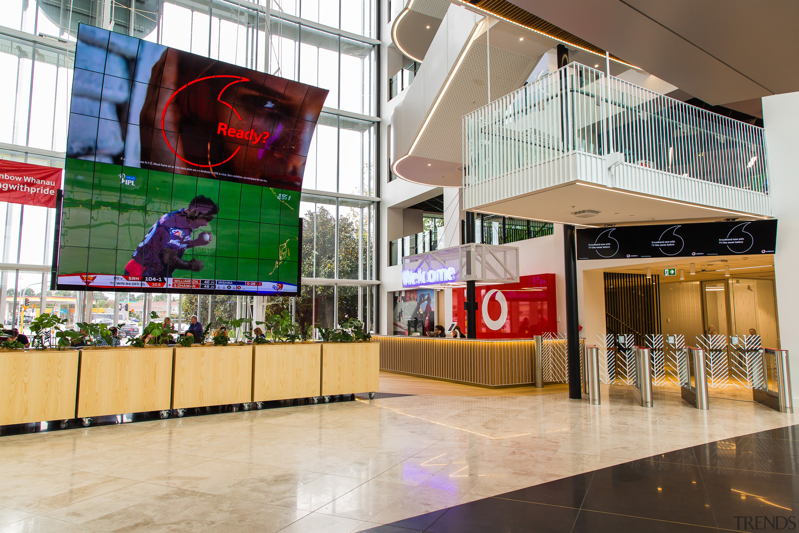 The giant atrium screen in operation at the interior design, lobby, retail, shopping mall, white