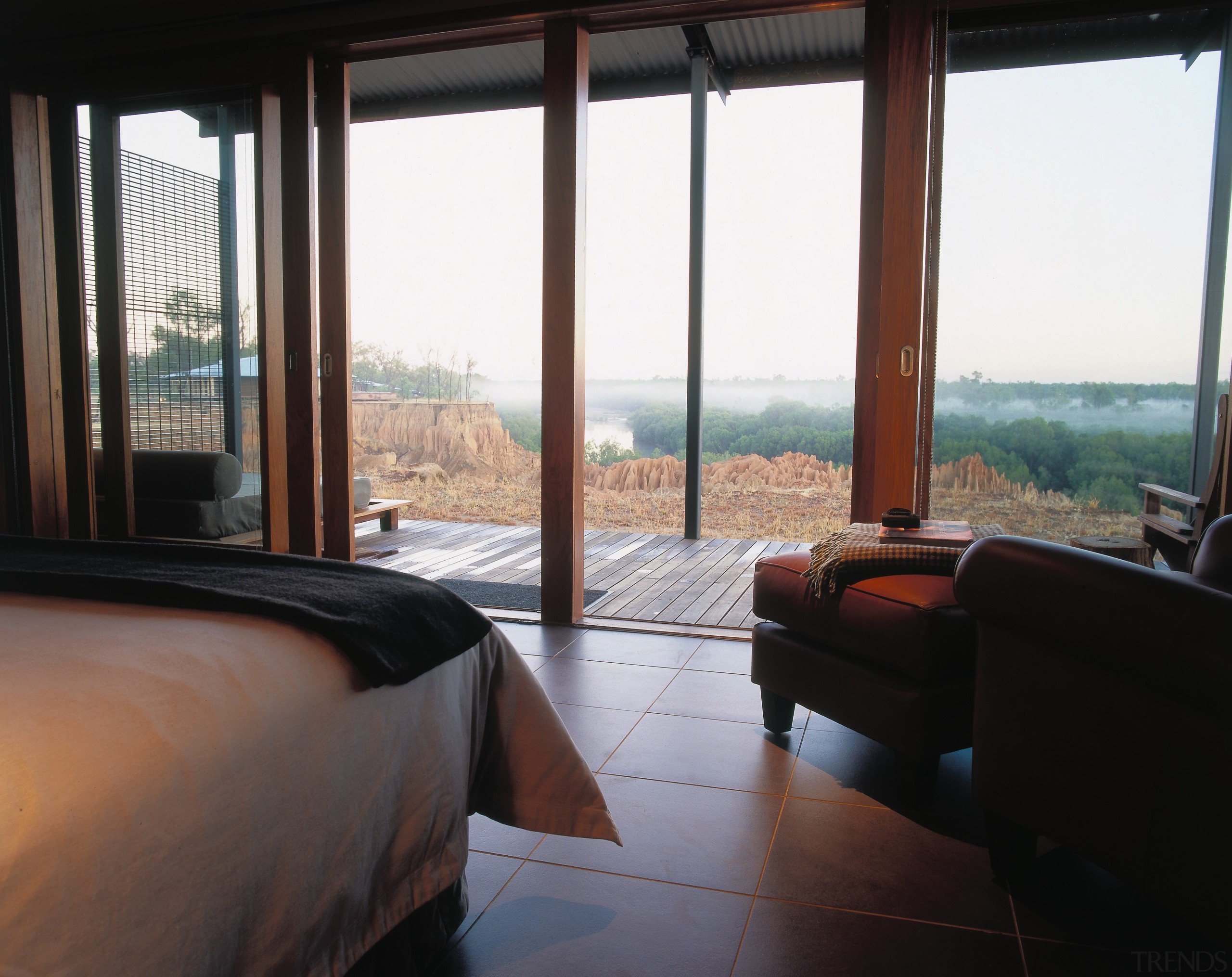 view from the bedroom loooking out into the house, interior design, property, real estate, room, window, black, white