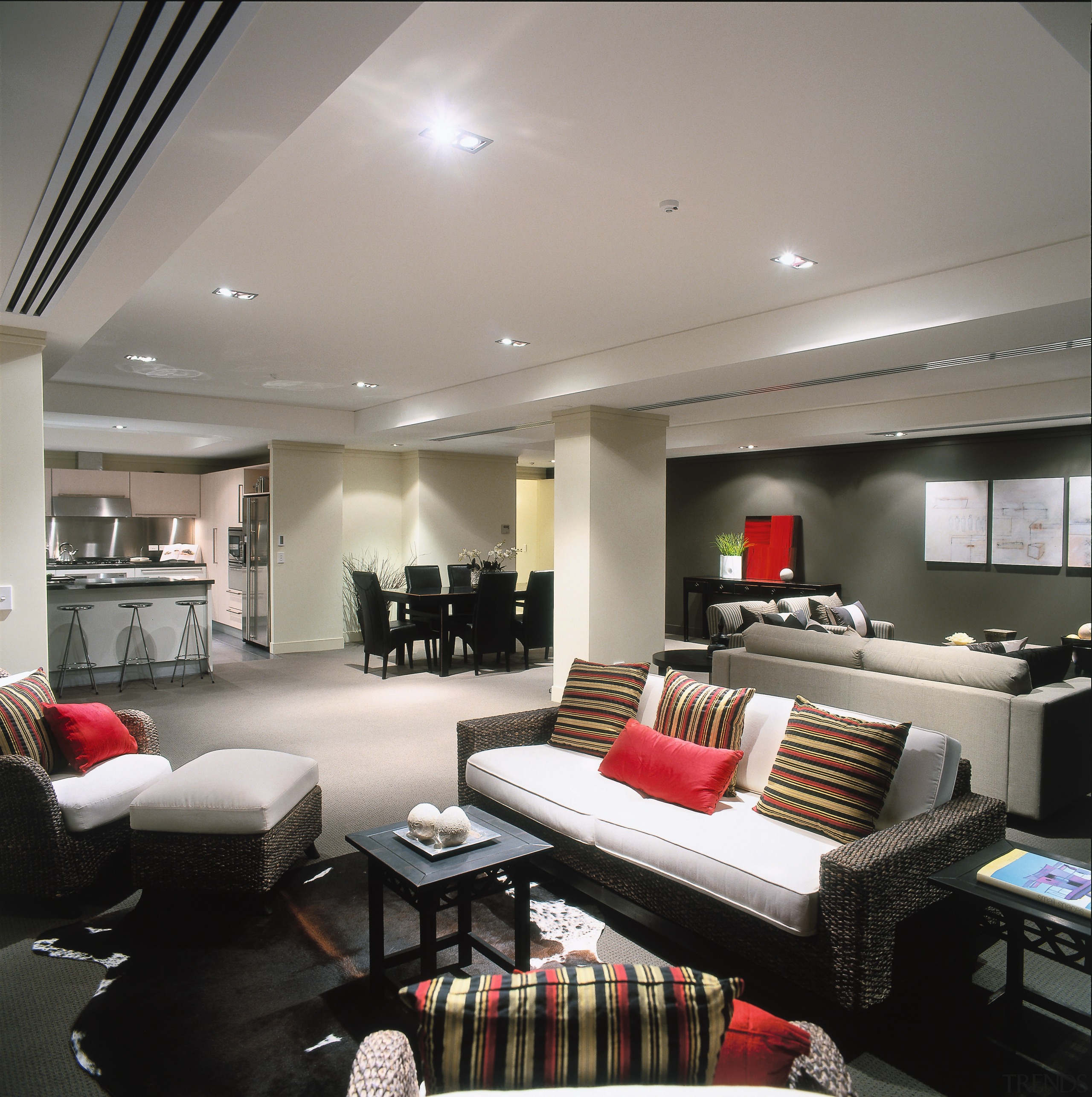 Open plan apartment with lounge, kitchen and dining ceiling, interior design, living room, room, gray, black