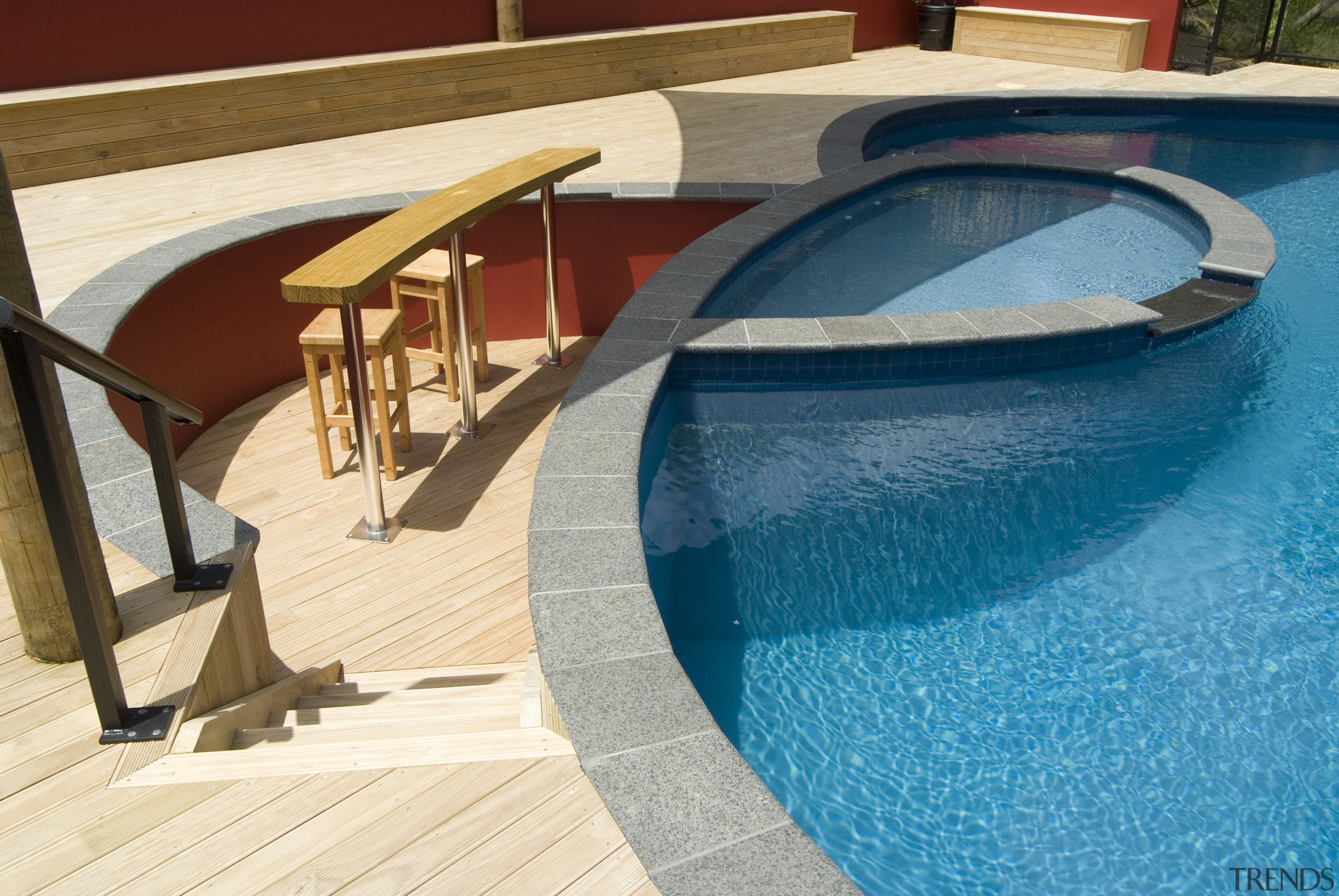 view of pool by Mayfair Pools. - view composite material, deck, floor, flooring, hardwood, leisure, leisure centre, outdoor furniture, sunlounger, swimming pool, water, wood, teal