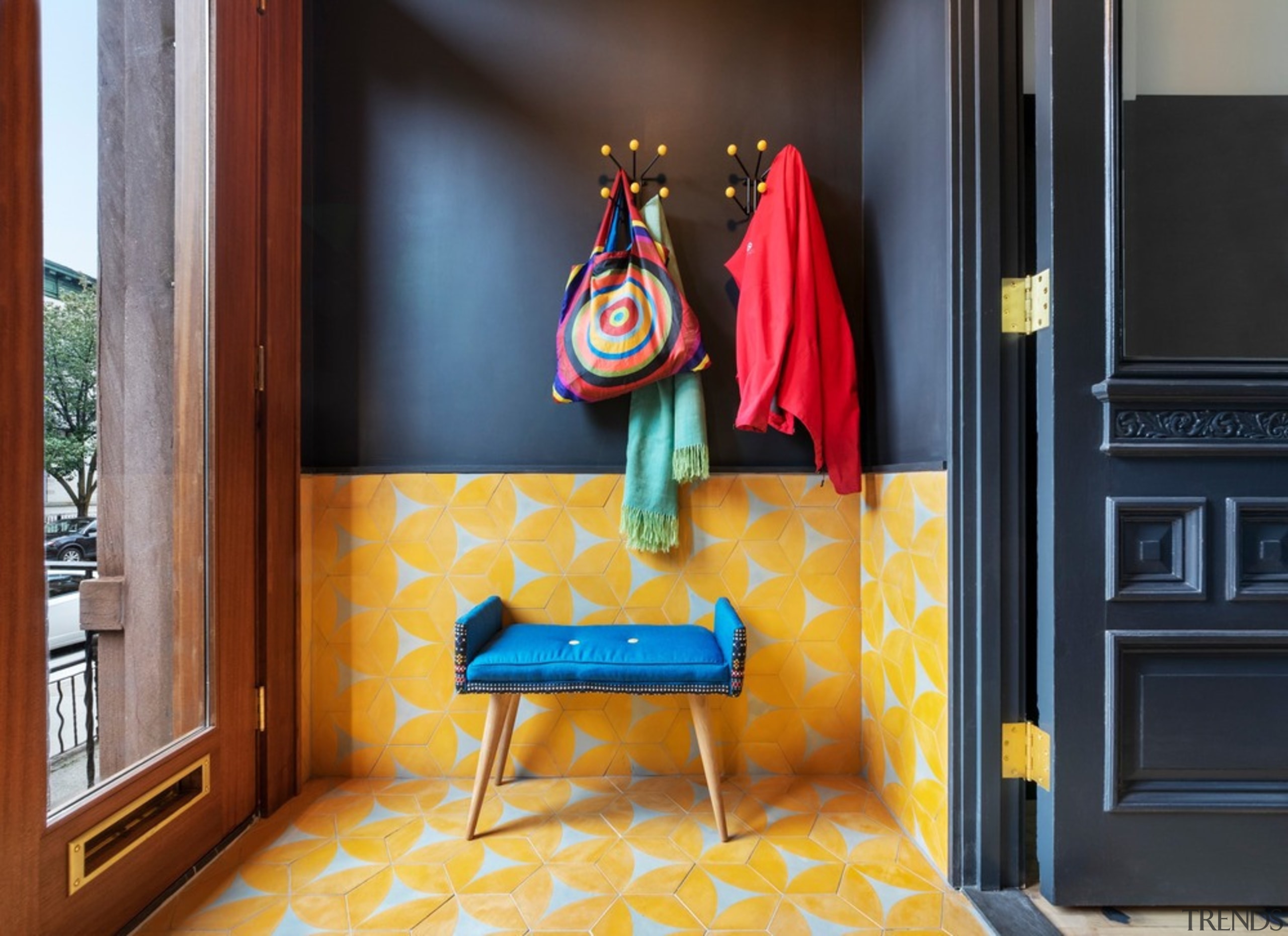 Entrance - building | chair | design | building, chair, design, floor, flooring, furniture, house, interior design, orange, red, room, table, textile, yellow, black