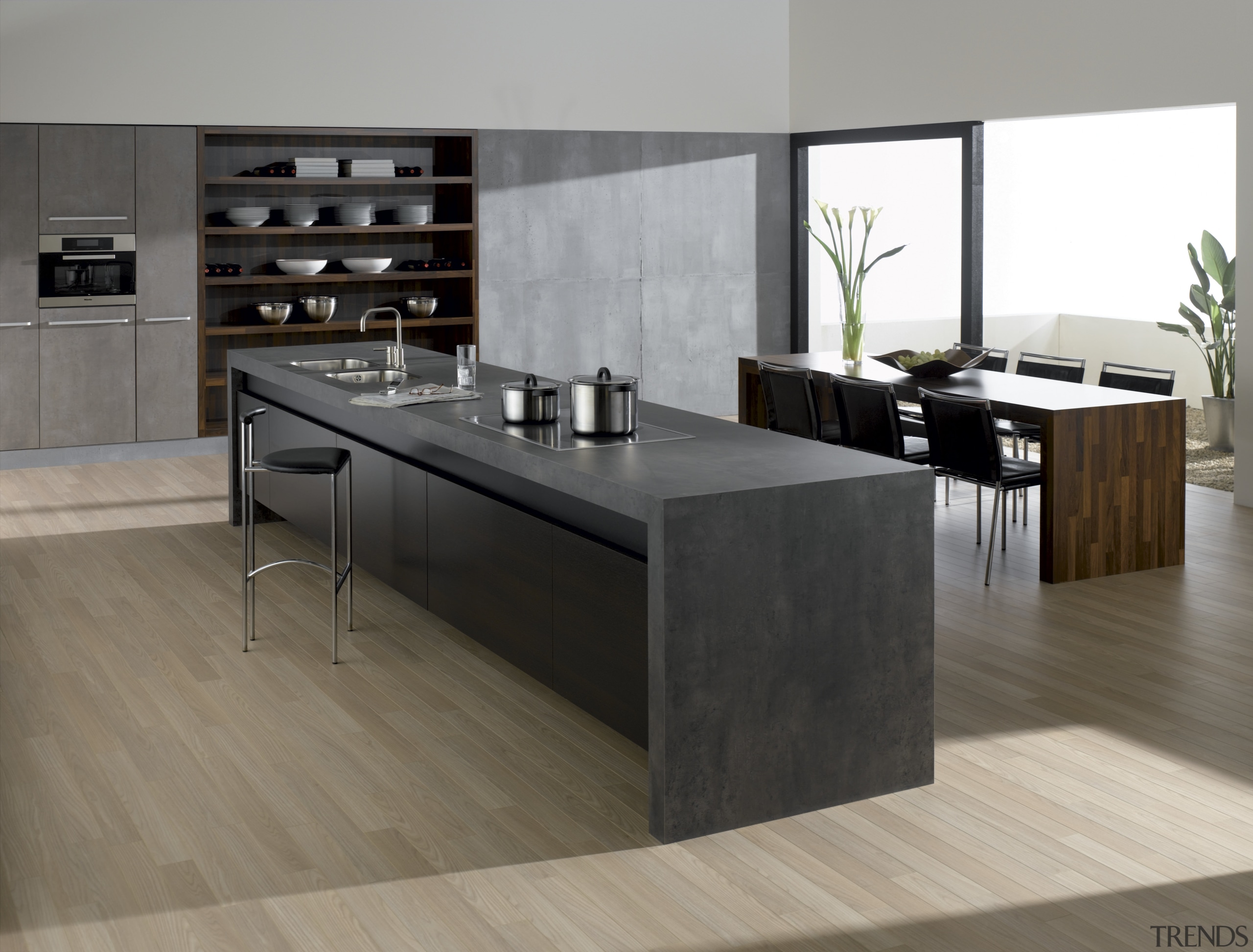 View of kitchen which features vinyl surfaces on countertop, floor, flooring, furniture, hardwood, interior design, kitchen, laminate flooring, product design, table, tile, wood, wood flooring, gray