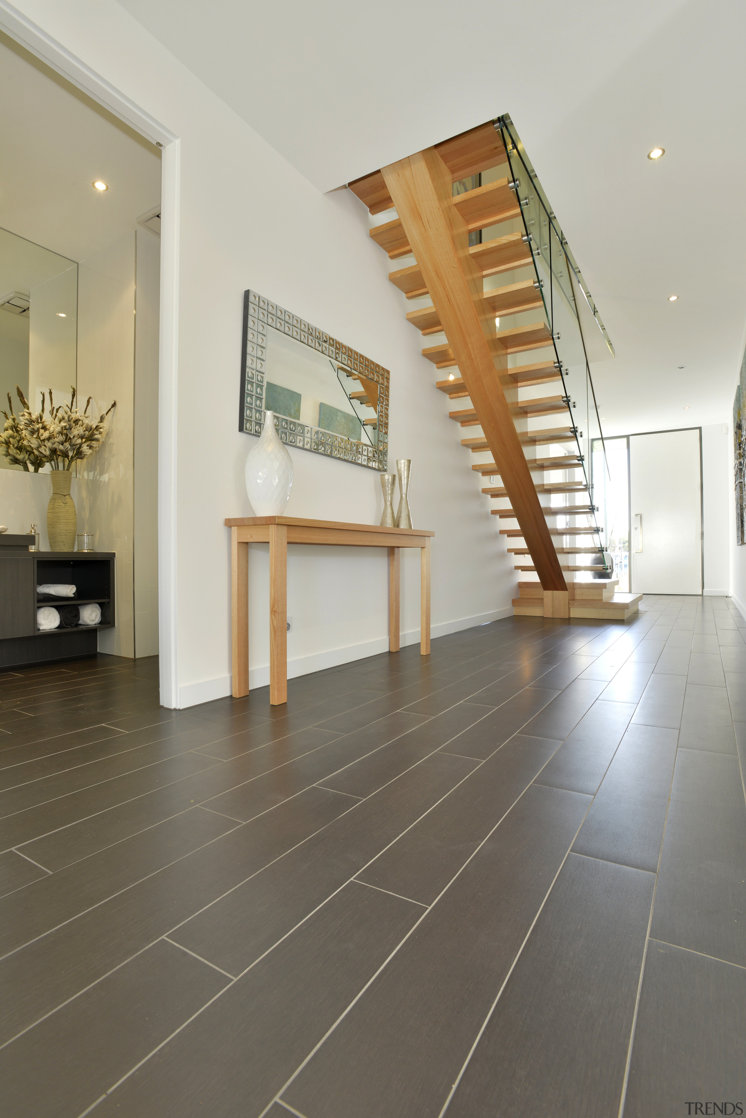 Walk this way  new porcelain tiles from architecture, daylighting, estate, floor, flooring, hardwood, home, interior design, laminate flooring, living room, lobby, property, real estate, stairs, tile, wood, wood flooring, gray