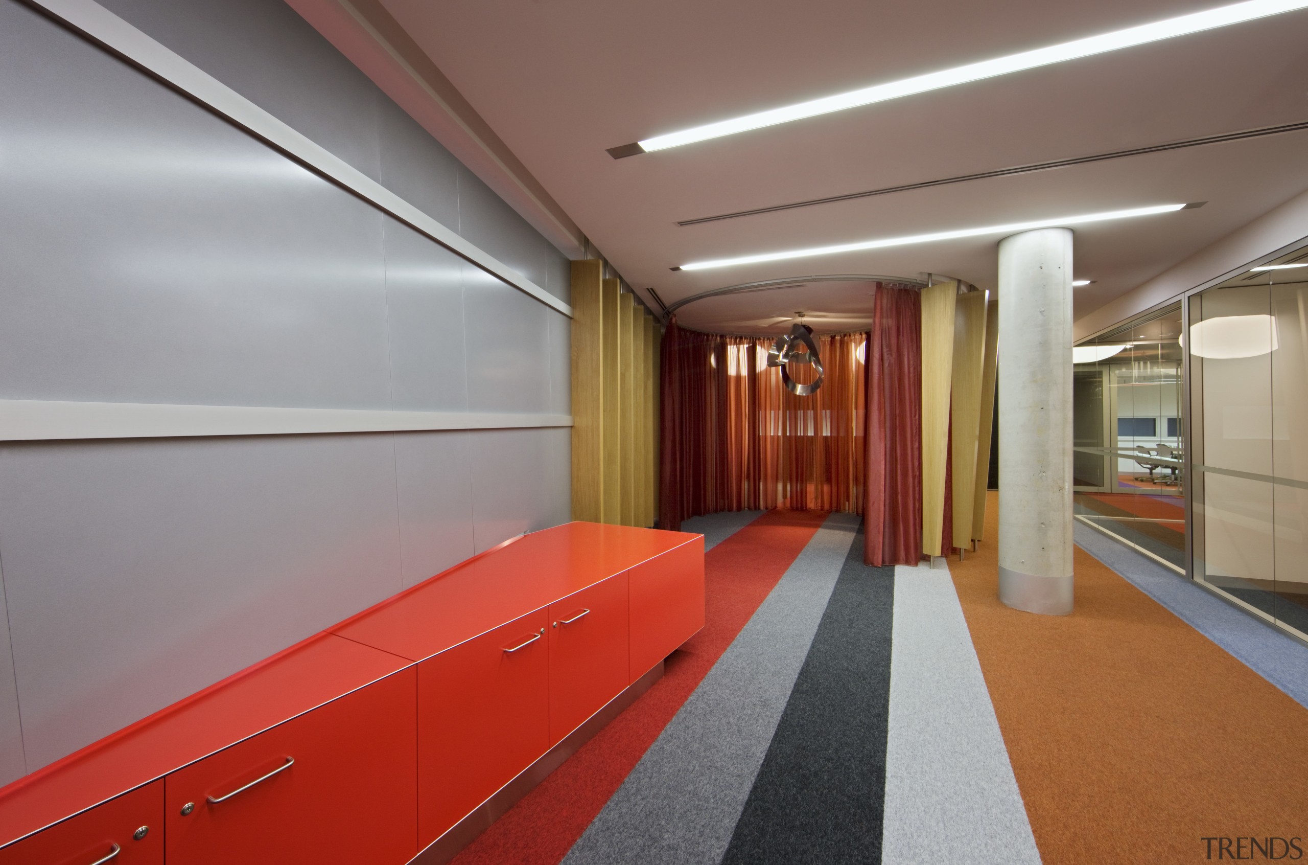 The reception desk extends out the other side architecture, ceiling, floor, flooring, interior design, lobby, gray, red
