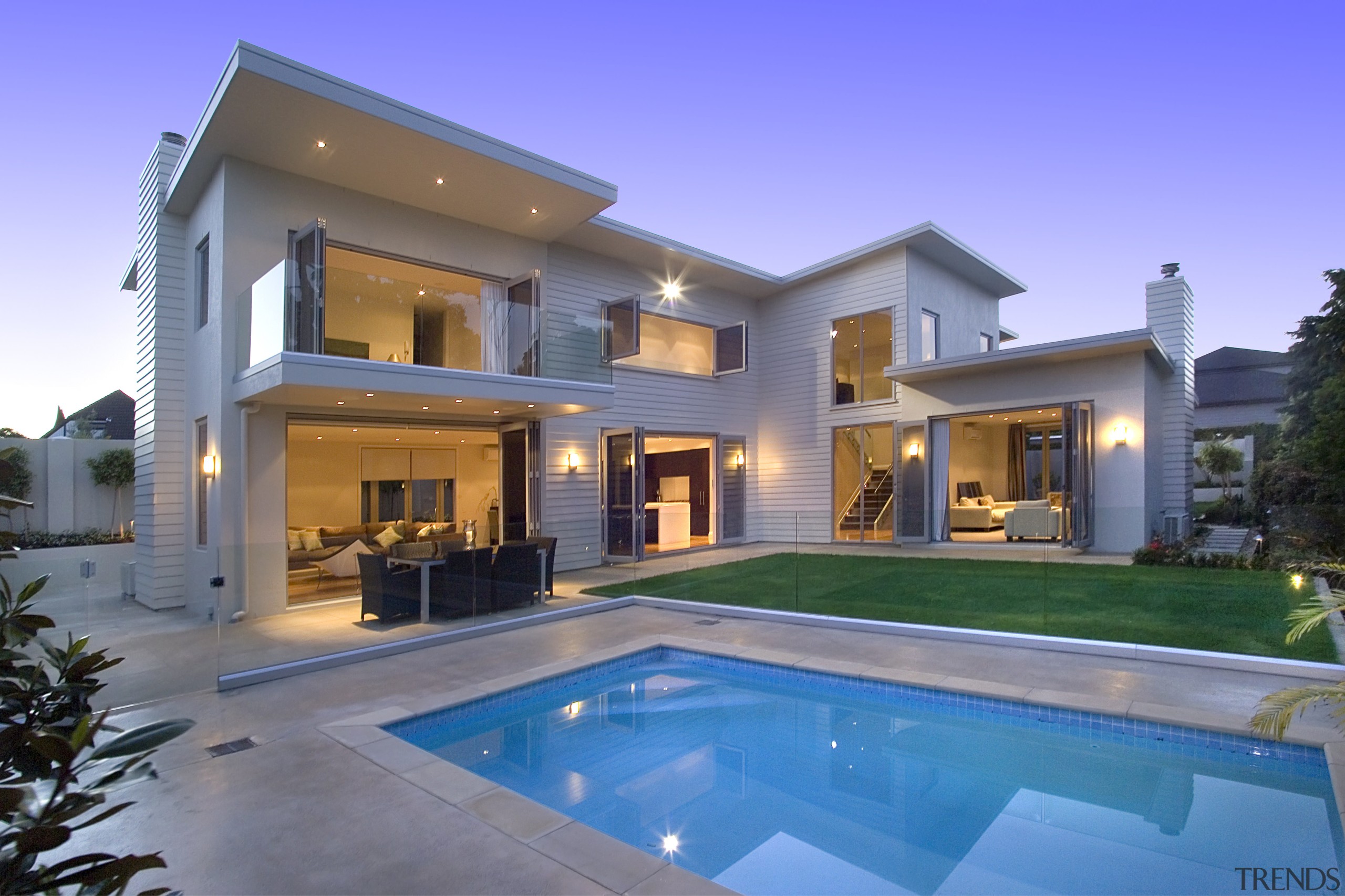 Image of the exterior home designed by Principle architecture, elevation, estate, facade, home, house, mansion, property, real estate, residential area, swimming pool, villa, window, blue, gray