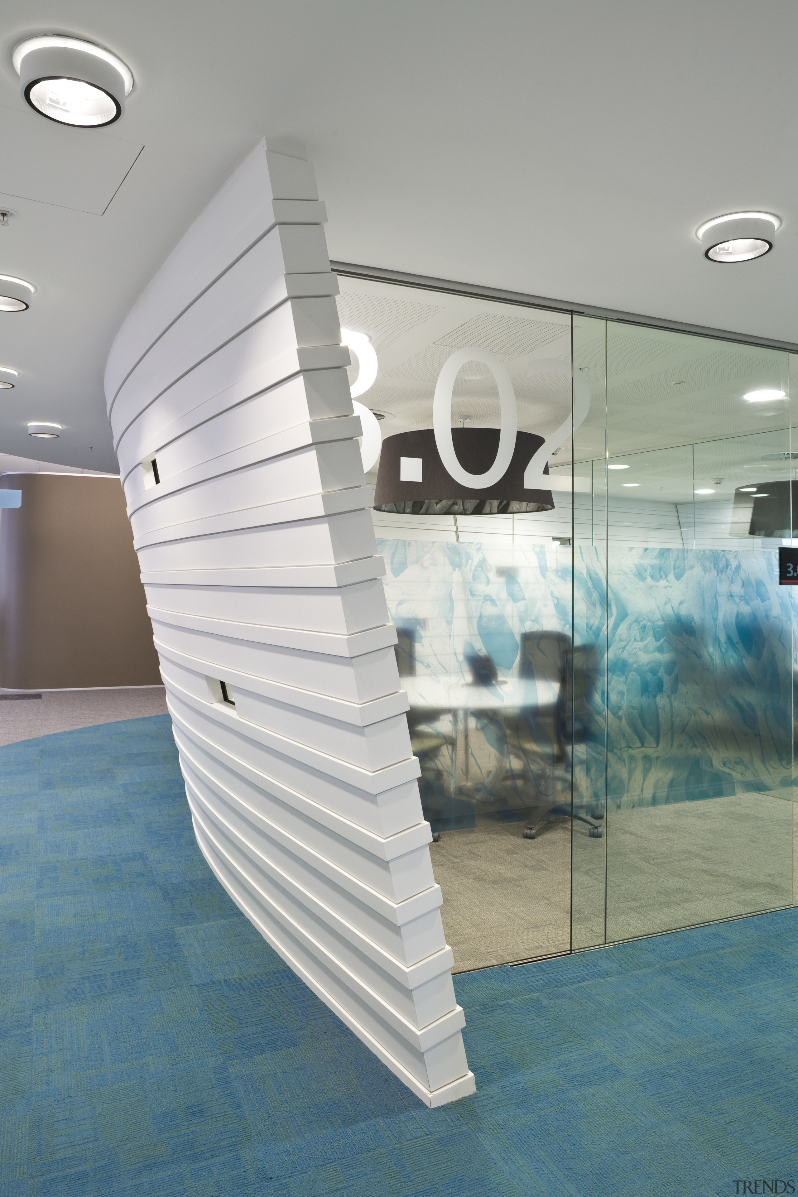 Interior view of the Westpac offices which includes architecture, ceiling, daylighting, floor, glass, interior design, wall, gray, teal