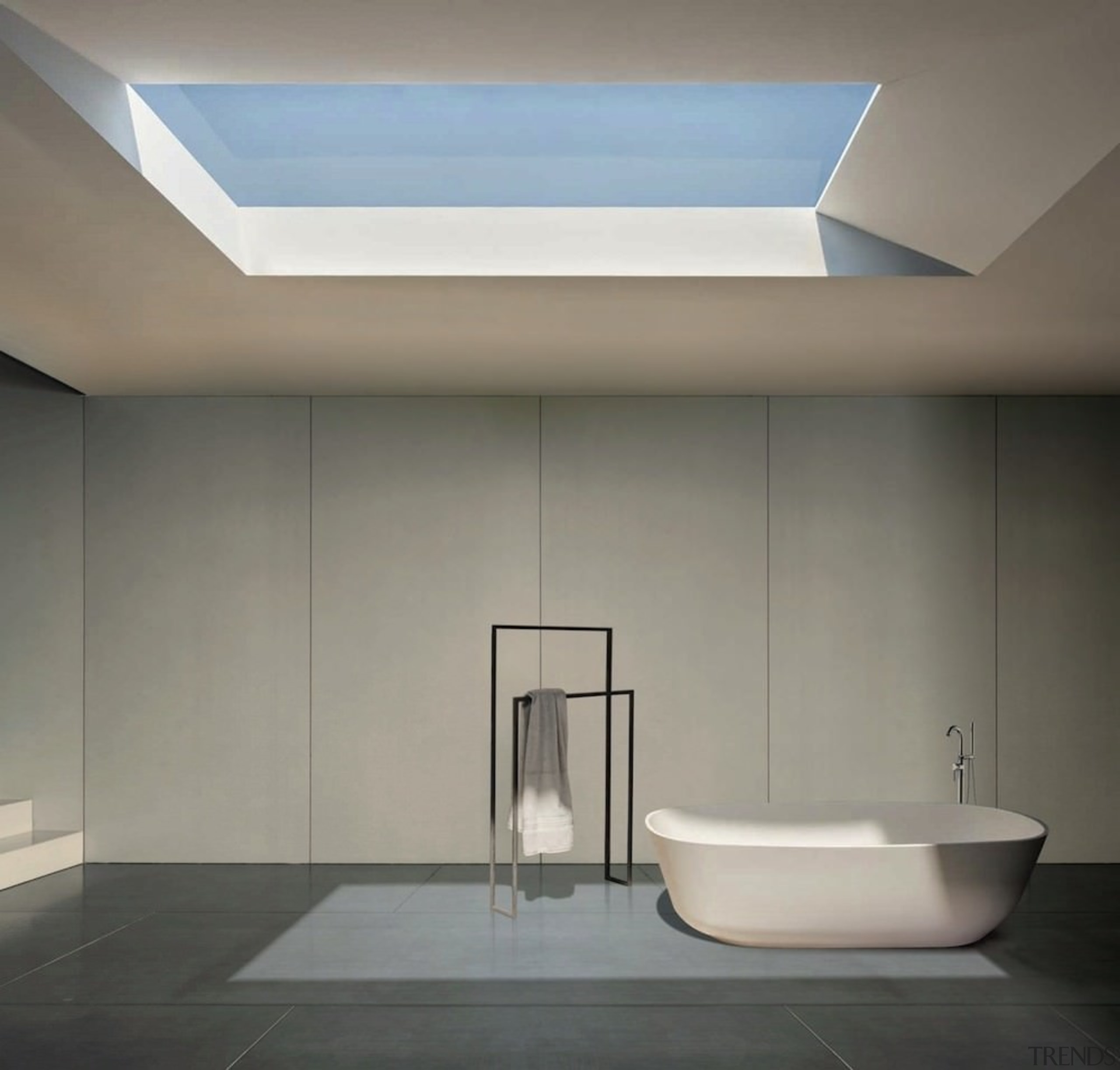 Like minimalism? This bathroom is like the set angle, architecture, bathroom, ceiling, daylighting, daytime, floor, interior design, lighting, product design, tap, gray