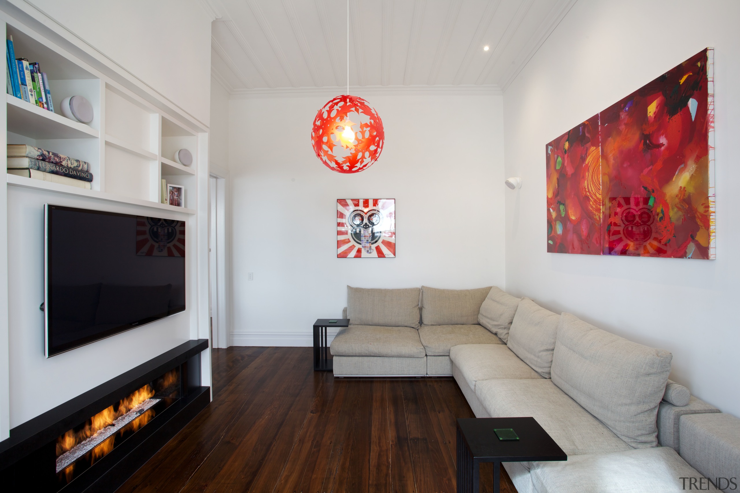 The living room in this remodelled villa can home, interior design, living room, real estate, room, table, gray