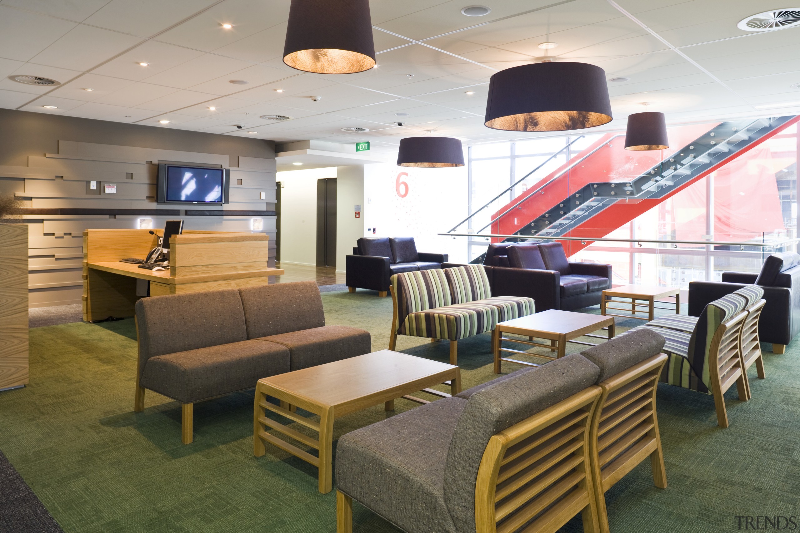 Interior view of office space inside the Westpac furniture, interior design, lobby, white, brown