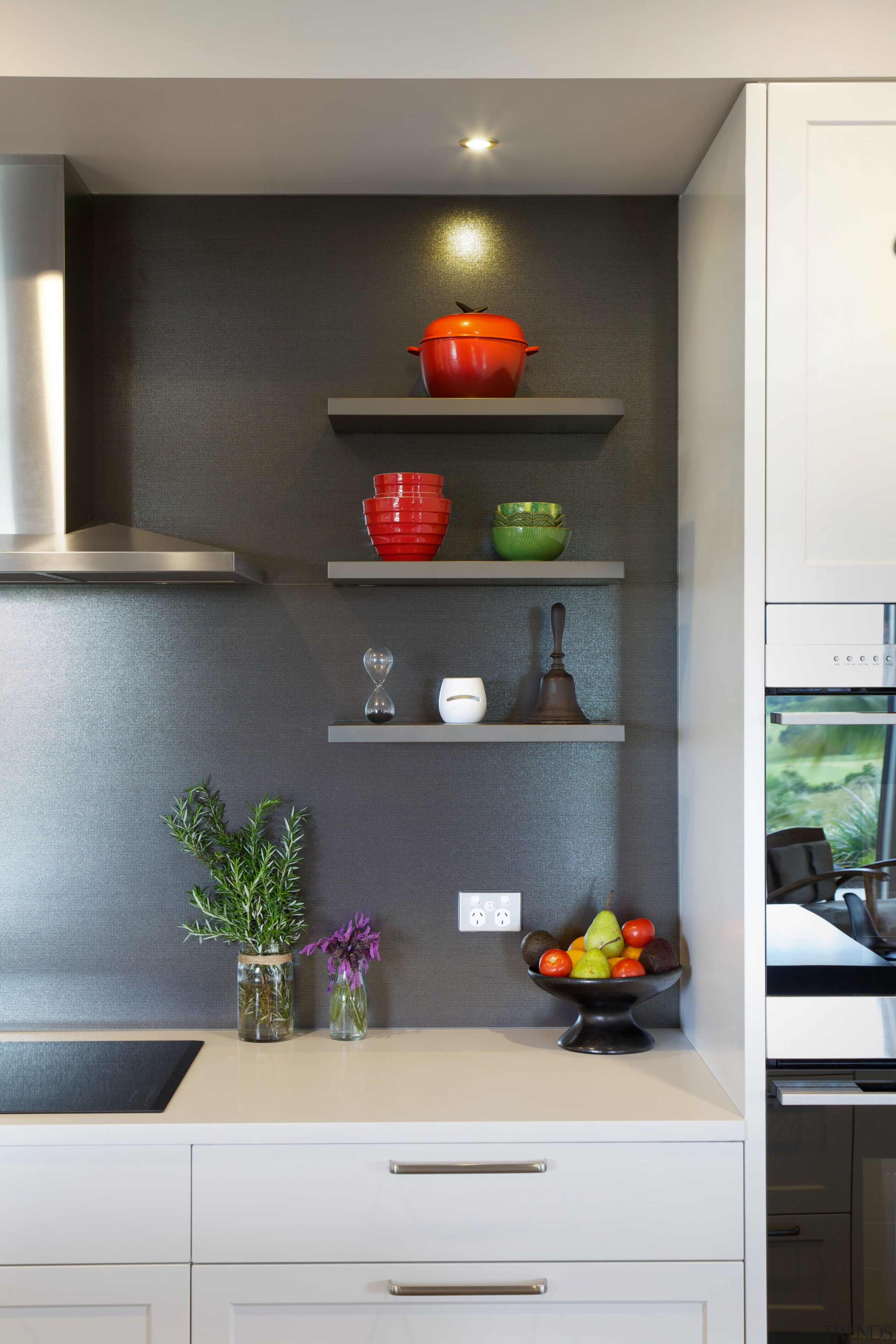 These floating shelves are a place for the cabinetry, countertop, home appliance, interior design, kitchen, room, shelf, white, black, gray