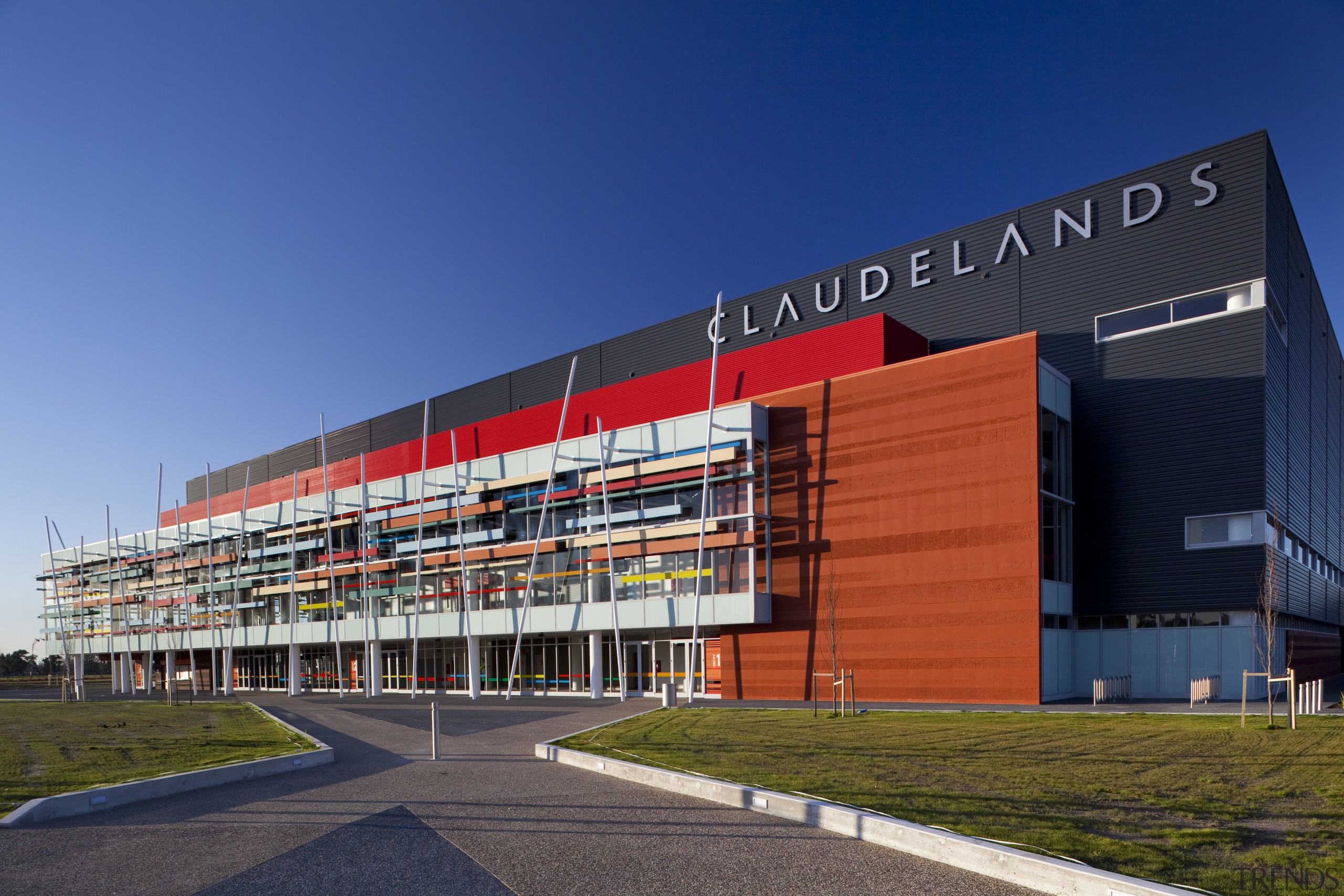 External View of Claudlands Arena in Hamilton. - architecture, building, commercial building, convention center, corporate headquarters, facade, headquarters, metropolitan area, mixed use, real estate, sky, sport venue, structure, blue