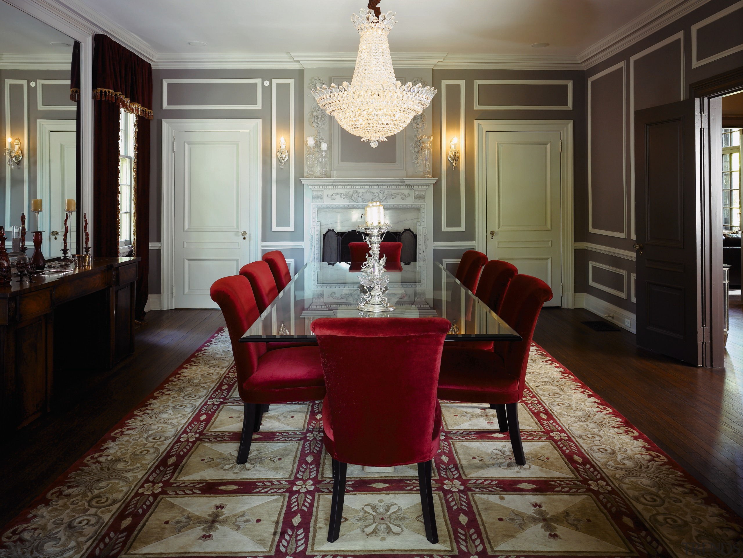 Wall paneling was restored in the dining room ceiling, chair, dining room, floor, flooring, furniture, hardwood, home, interior design, living room, room, table, window, gray, black