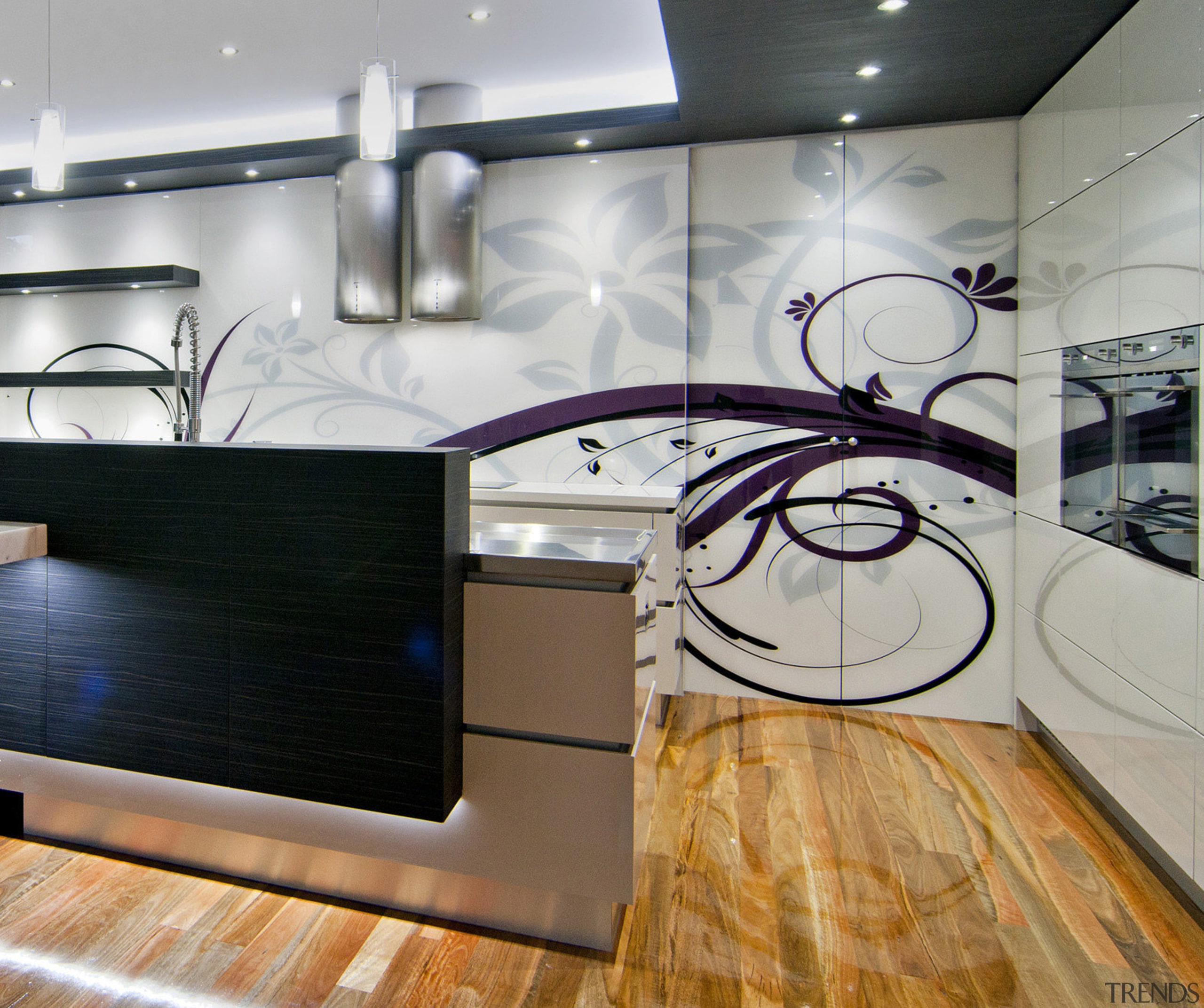 View of kitchen with wood floors featuring products ceiling, countertop, floor, flooring, glass, interior design, product design, gray