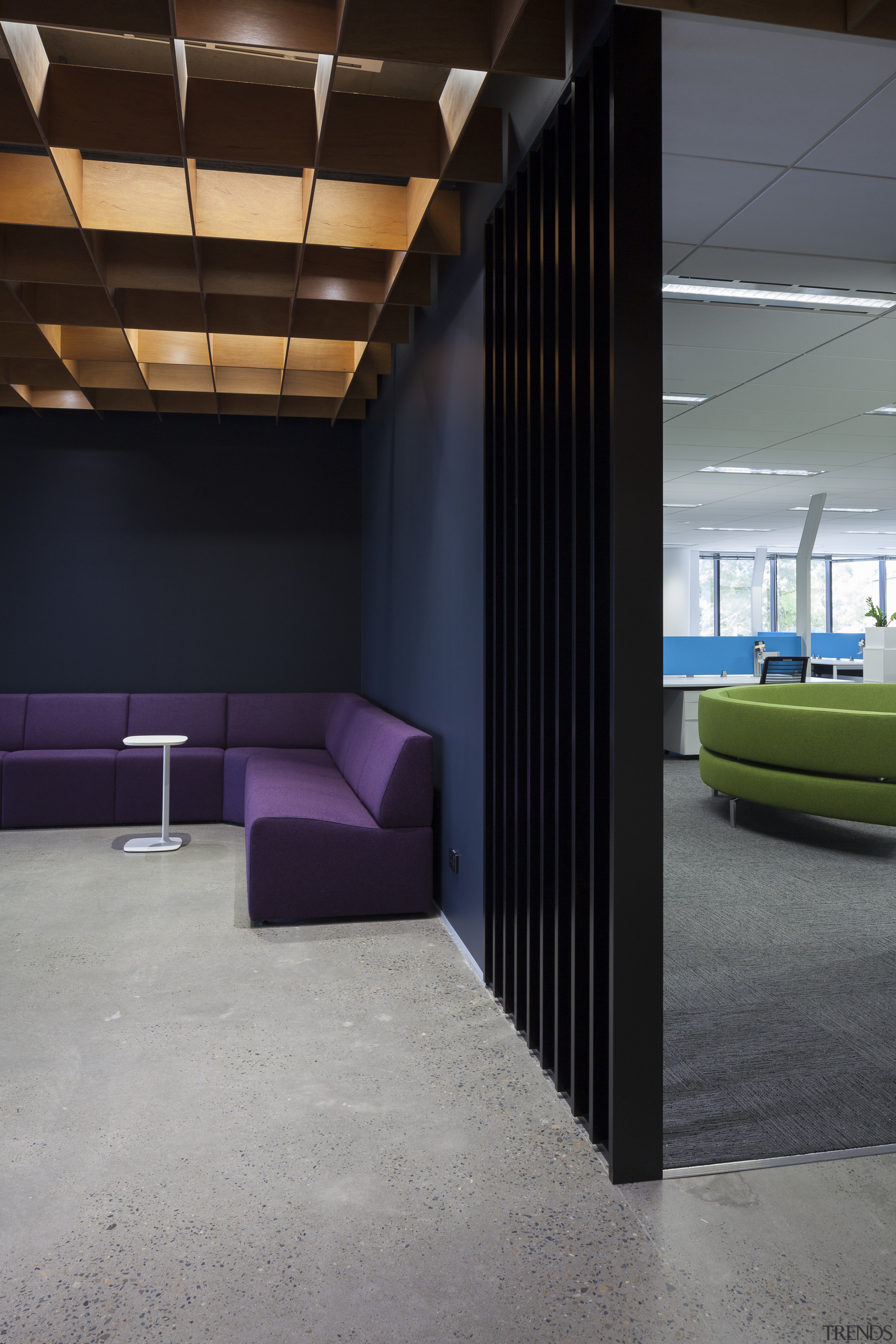 A reception waiting area in the new F&amp;P architecture, ceiling, daylighting, floor, flooring, furniture, house, interior design, lobby, wall, gray, black
