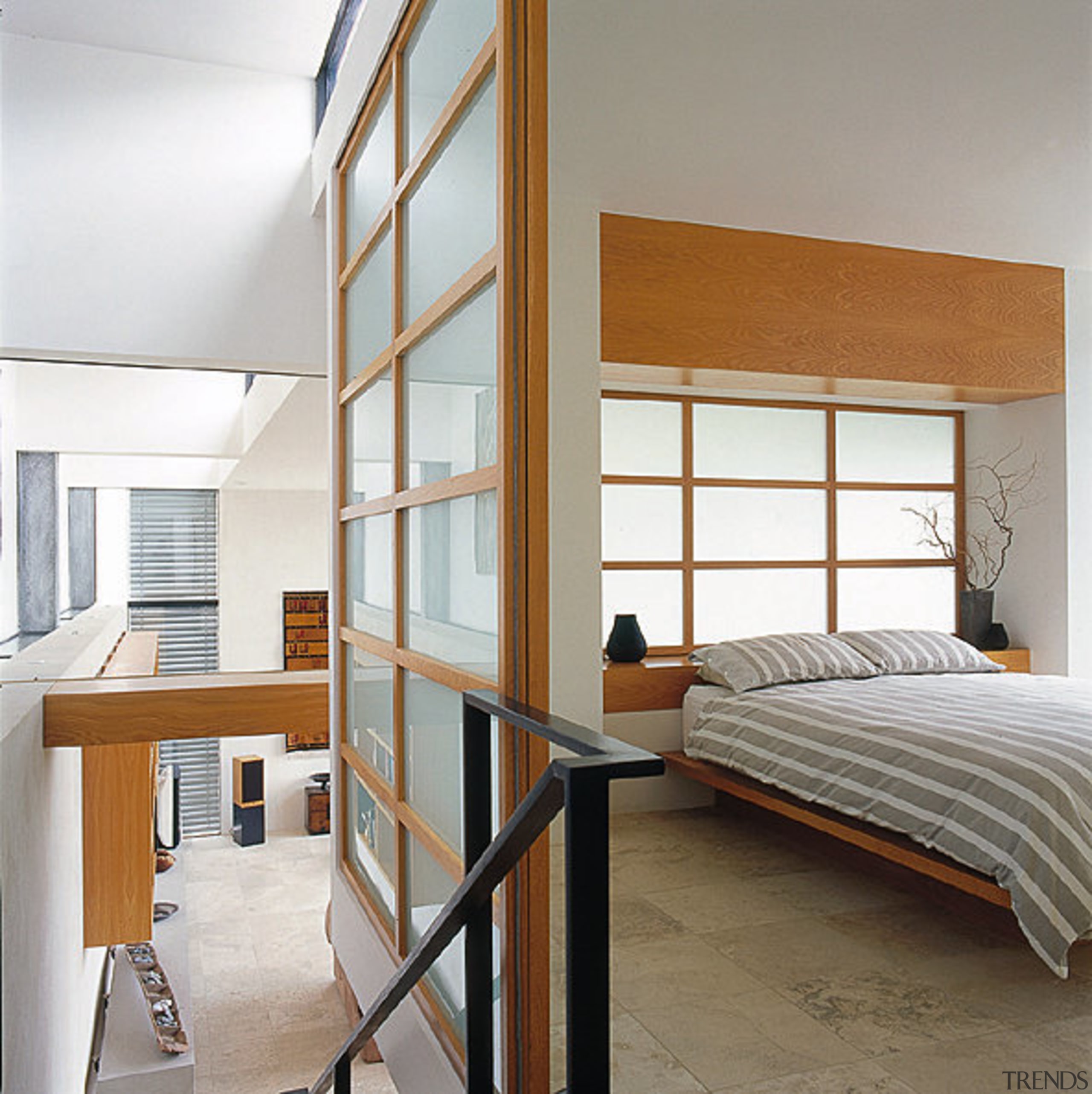 View of the bedroom &amp; stairway - View architecture, bed frame, daylighting, floor, furniture, interior design, window, wood, gray, white