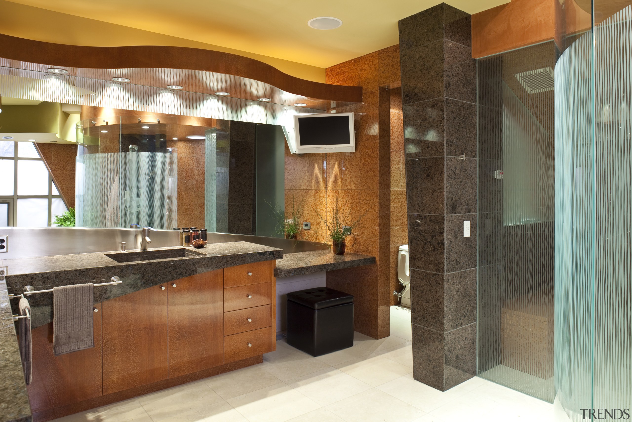 View of the master suite, bed, fireplace, recessed bathroom, cabinetry, ceiling, countertop, estate, home, interior design, kitchen, property, real estate, room, brown