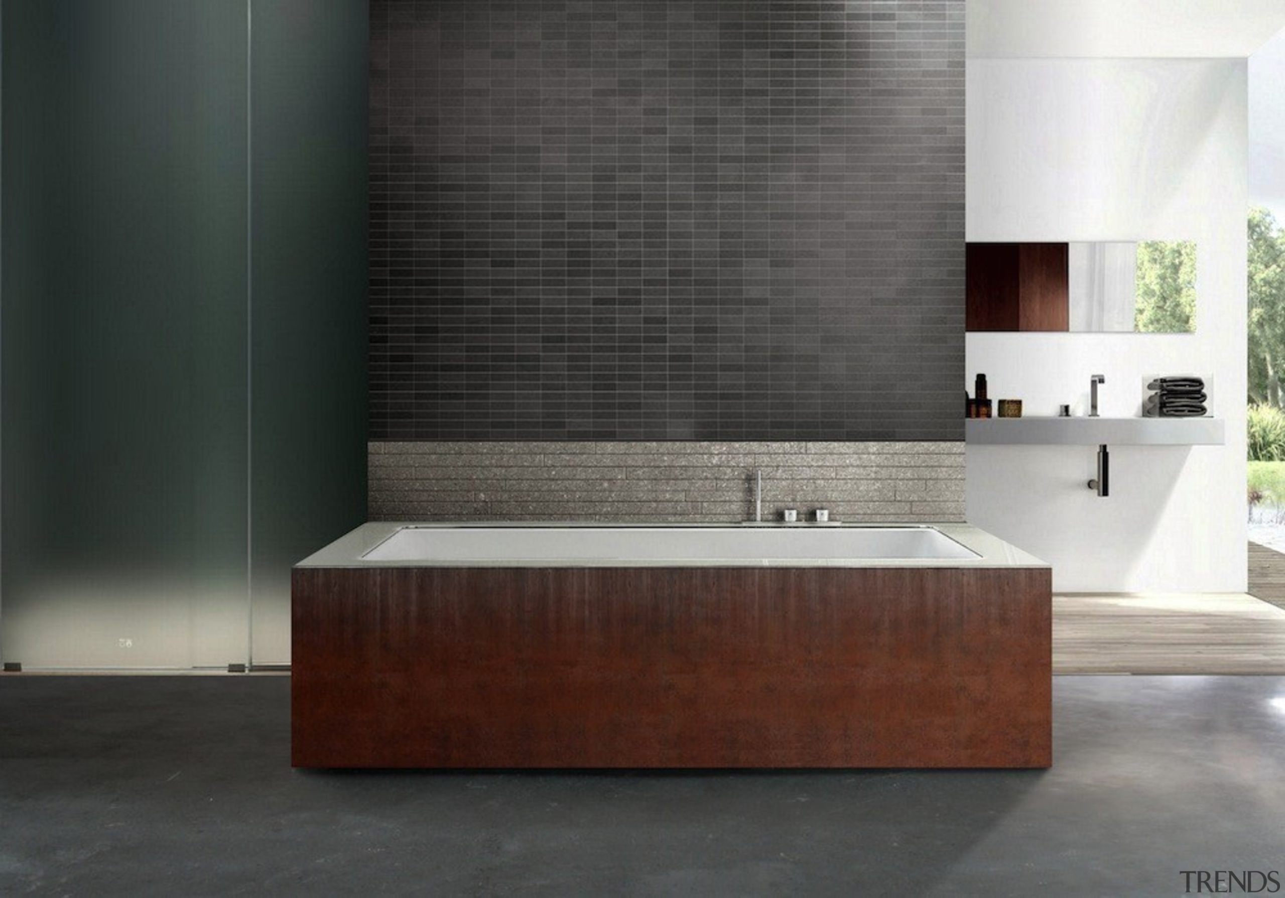 More weathering steel in the bathroom, giving the bathroom, bathroom accessory, floor, flooring, interior design, plumbing fixture, product design, sink, tile, black