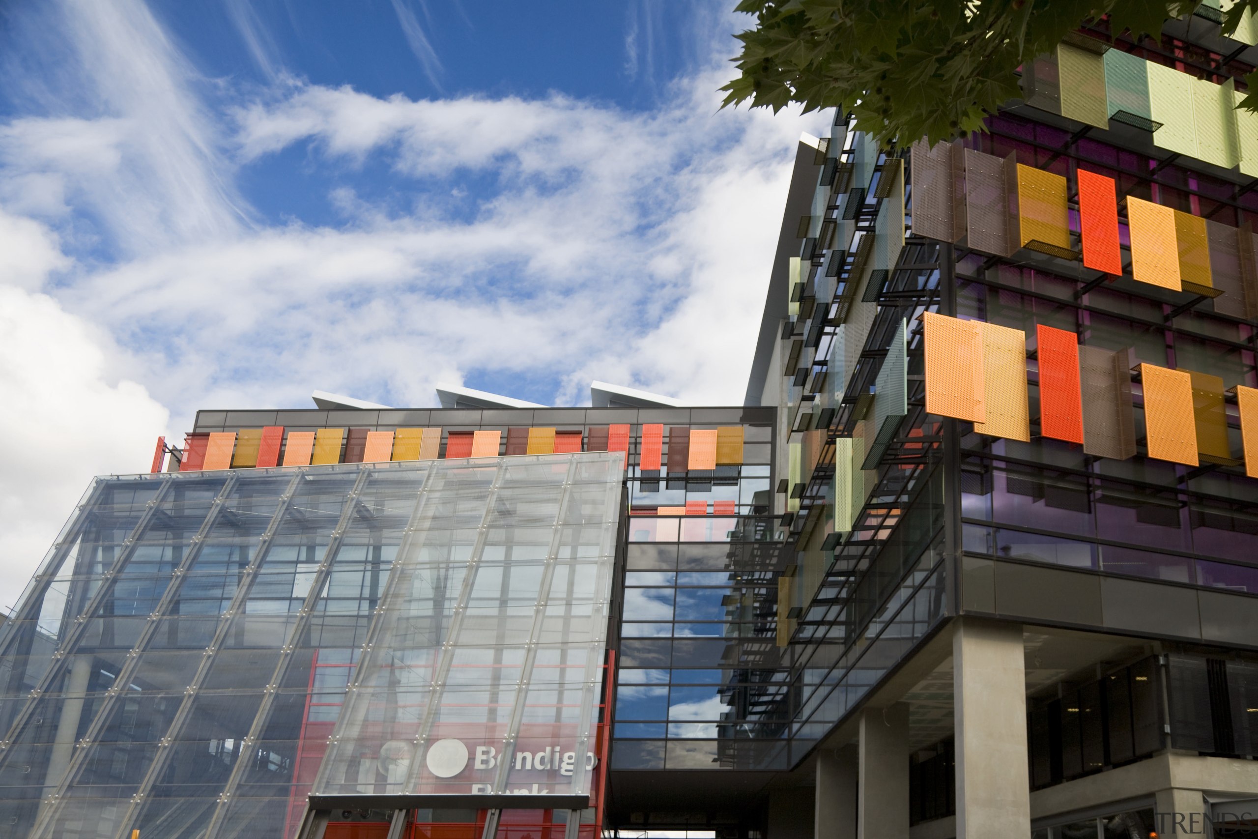 view of the sustainable Bendigo Bank offices where architecture, building, city, commercial building, condominium, corporate headquarters, facade, metropolis, metropolitan area, mixed use, sky, skyscraper, tower block, urban area, gray, black