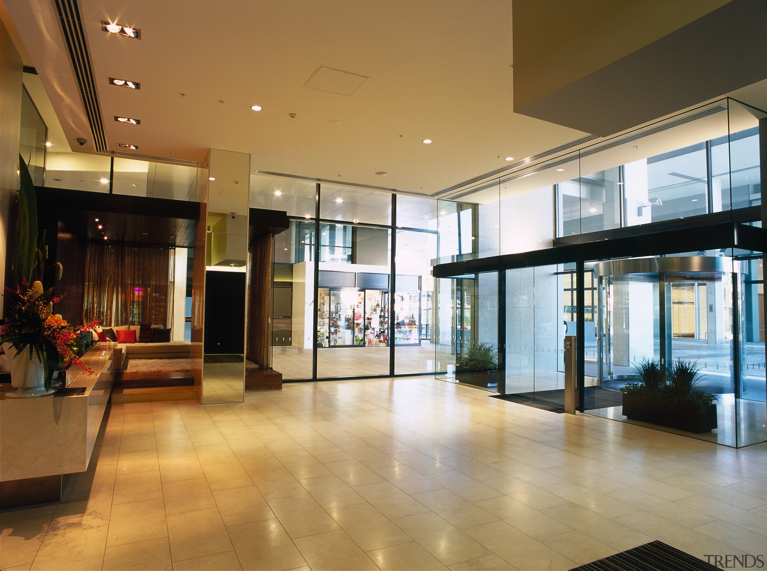 view of the lobby, entrance area to freshwater apartment, ceiling, condominium, daylighting, floor, flooring, interior design, lobby, real estate, shopping mall, brown