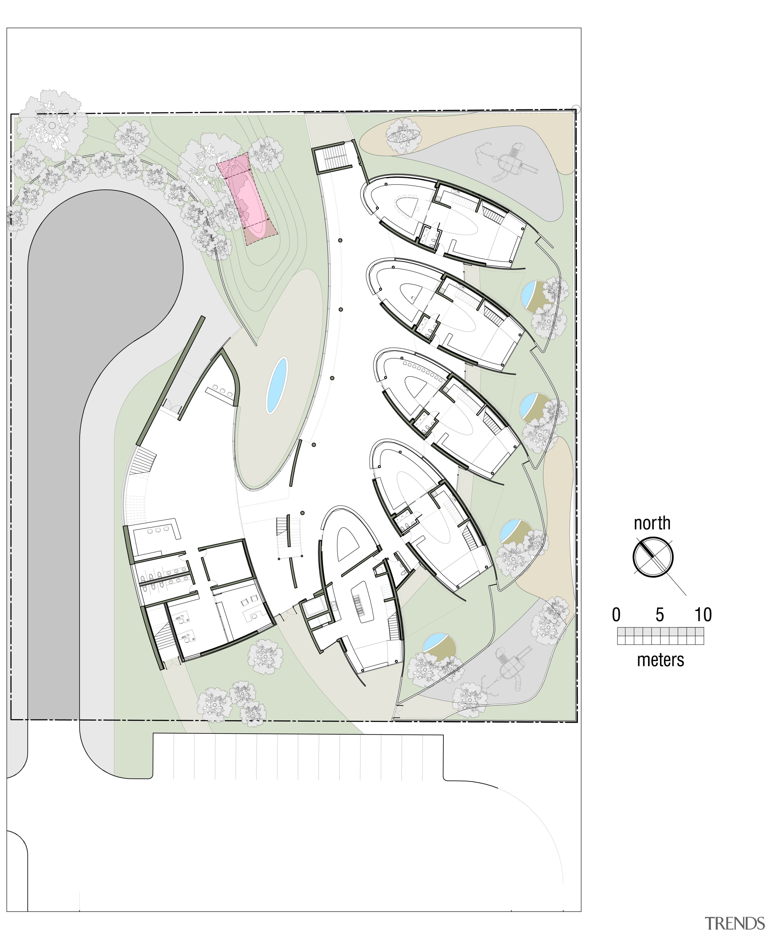 Floorplan of Dalian Preschool, with curvilinear forms and area, design, diagram, font, joint, line, organ, organism, plan, product design, text, white