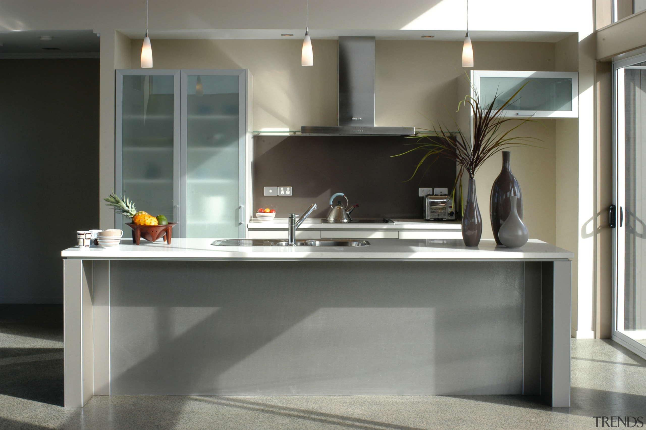 Kitchen with grey cabinetry, and white CaesarStone benchtop, countertop, furniture, interior design, kitchen, gray