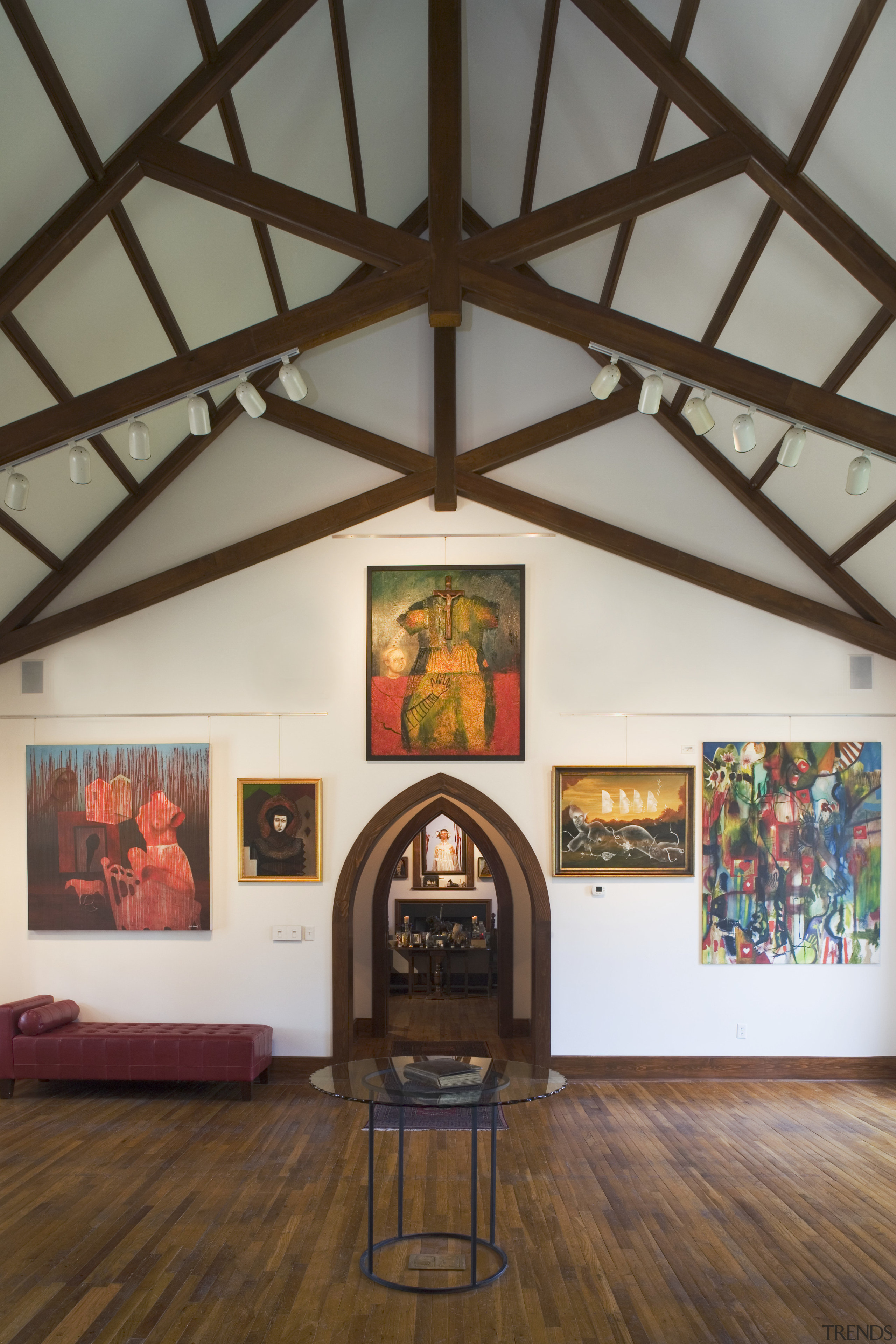 View of the main studio from the front art gallery, ceiling, chapel, exhibition, interior design, museum, tourist attraction, brown, gray