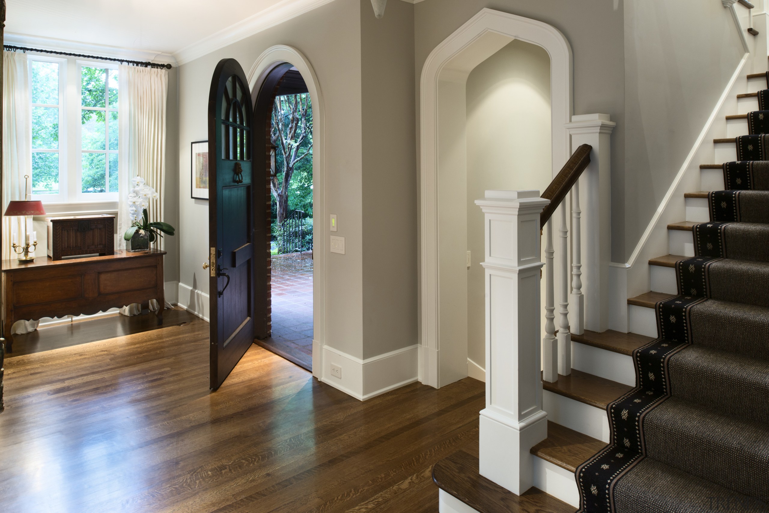 At the rear, the new basement terrace level ceiling, estate, floor, flooring, hardwood, home, interior design, property, real estate, stairs, wood flooring, gray, brown