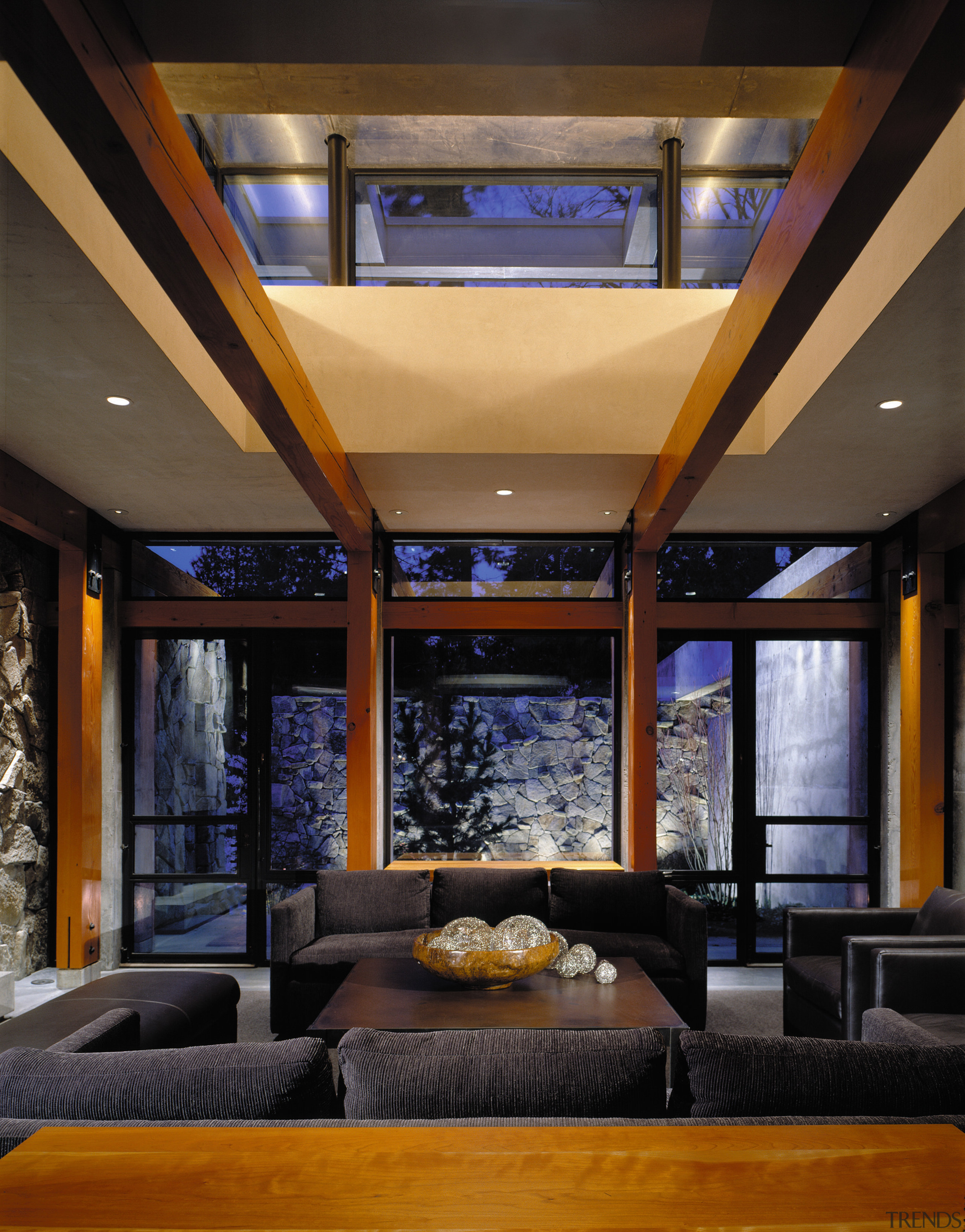 View of open plan lounge  looking out ceiling, interior design, lighting, living room, lobby, window, black, brown