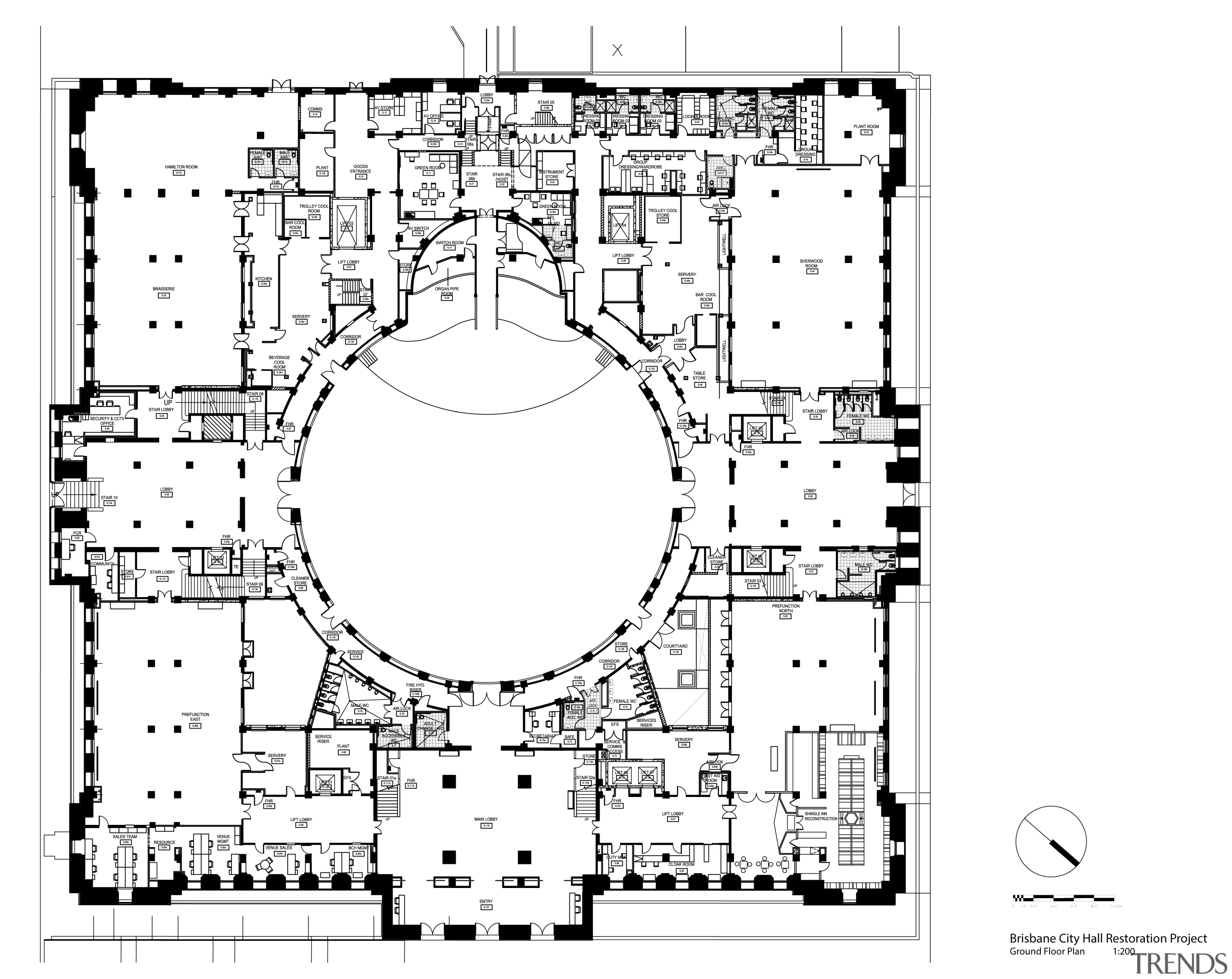 Code-compliant heritage restoration of Brisbane City Hall area, black and white, design, diagram, drawing, floor plan, font, line, monochrome, plan, text, white